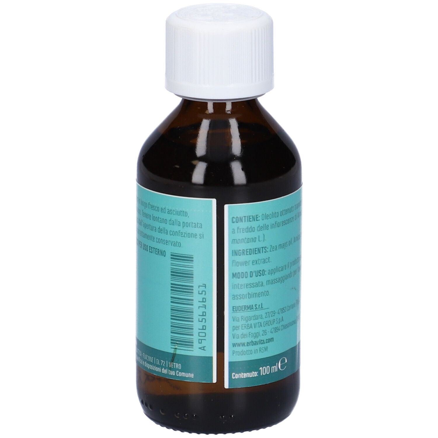 Flacone di vetro marrone con tappo bianco. Etichetta turchese con testo e indicazione 100 ml.