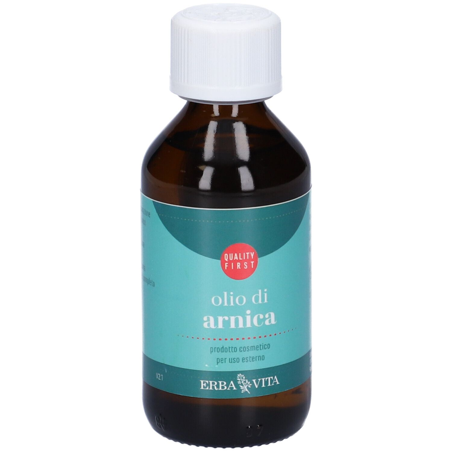 Flacone di vetro marrone con tappo bianco. Etichetta turchese con "olio di arnica" e "Erba Vita".
