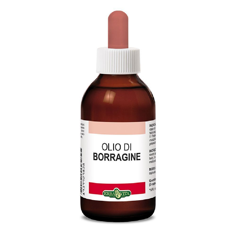 Flacone di vetro marrone con contagocce. Scritta: Olio di Borragine, Erba Vita.