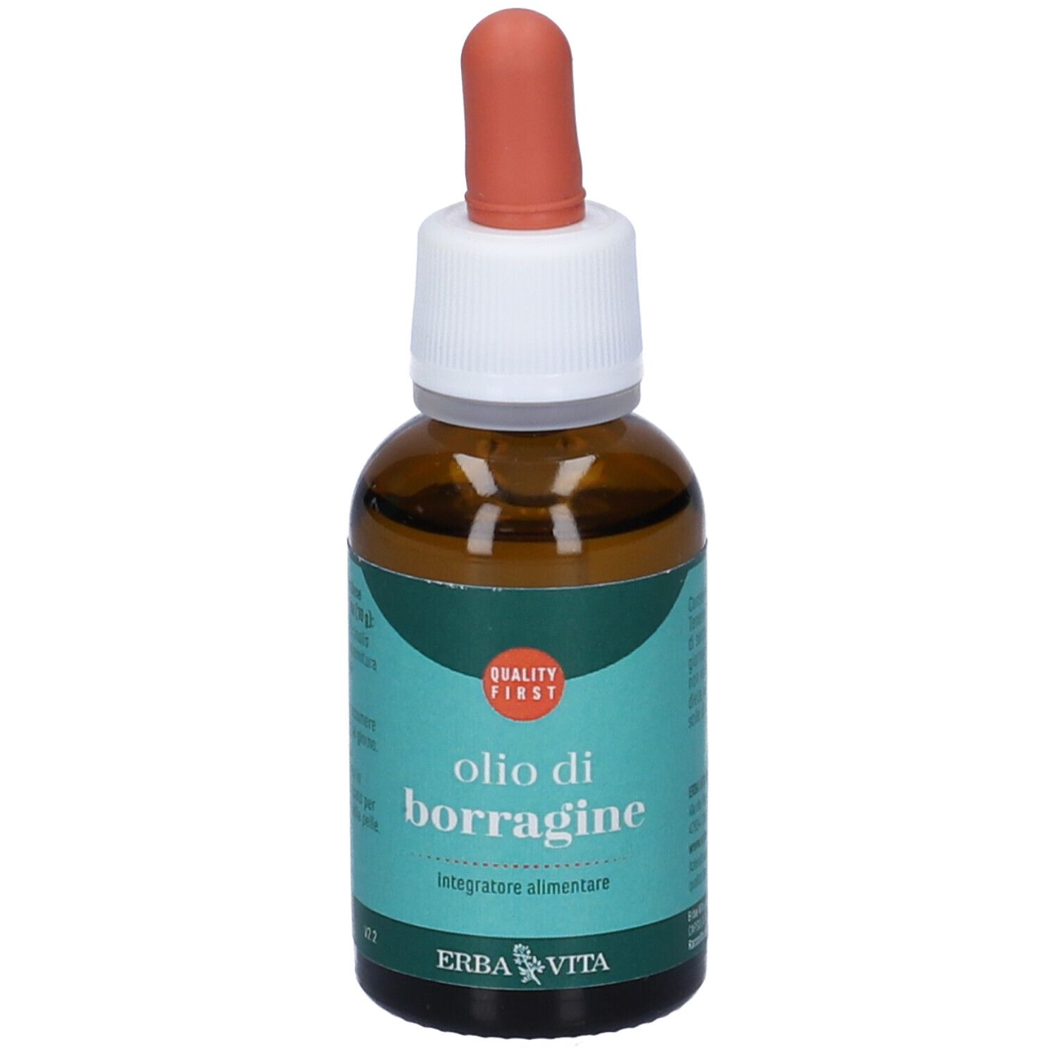 Flacone di vetro marrone con contagocce. Scritta: Olio di Borragine, Erba Vita. Marchio di qualità.