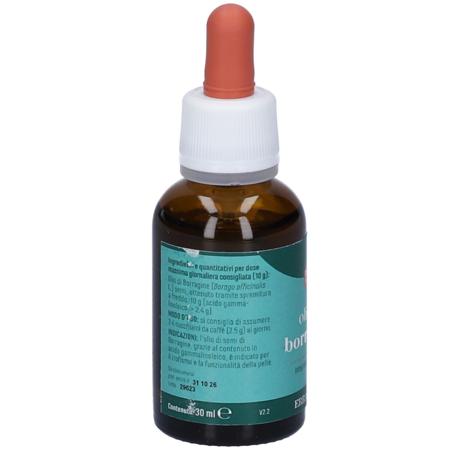 Flacone di vetro marrone con contagocce. Testo: Olio di Borragine, Erba Vita. Ingredienti e dosaggio.