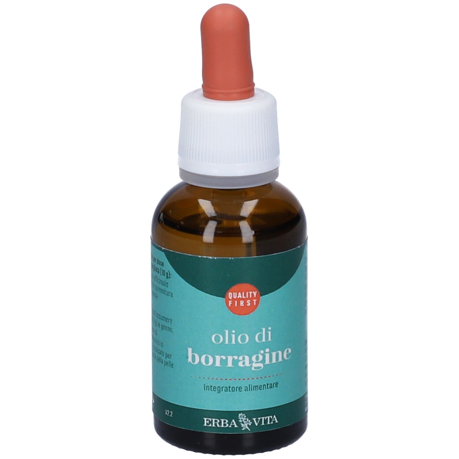 Flacone di vetro marrone con contagocce. Scritta: Olio di Borragine, Erba Vita. Marchio di qualità.