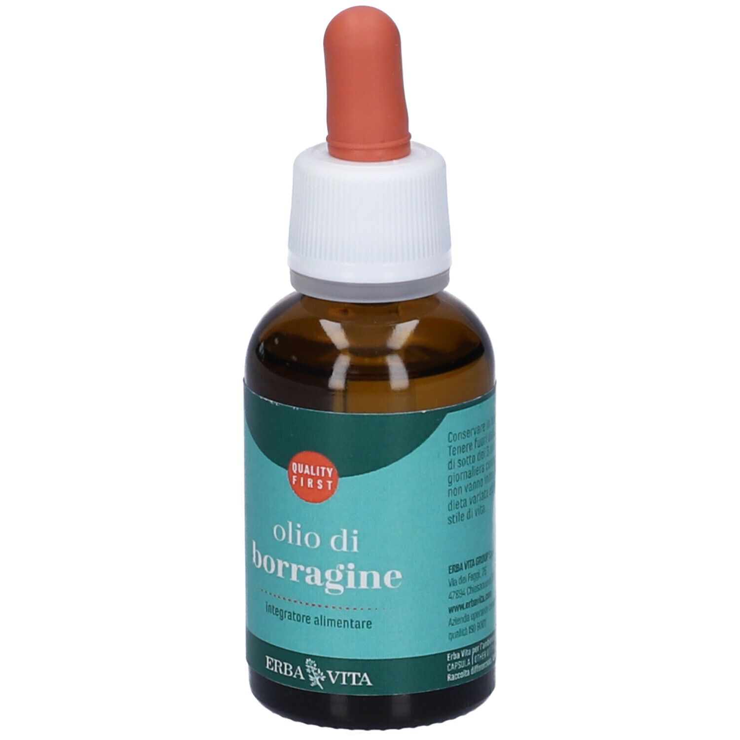 Flacone di vetro marrone con contagocce. Scritta: Olio di Borragine, Erba Vita. Marchio di qualità.