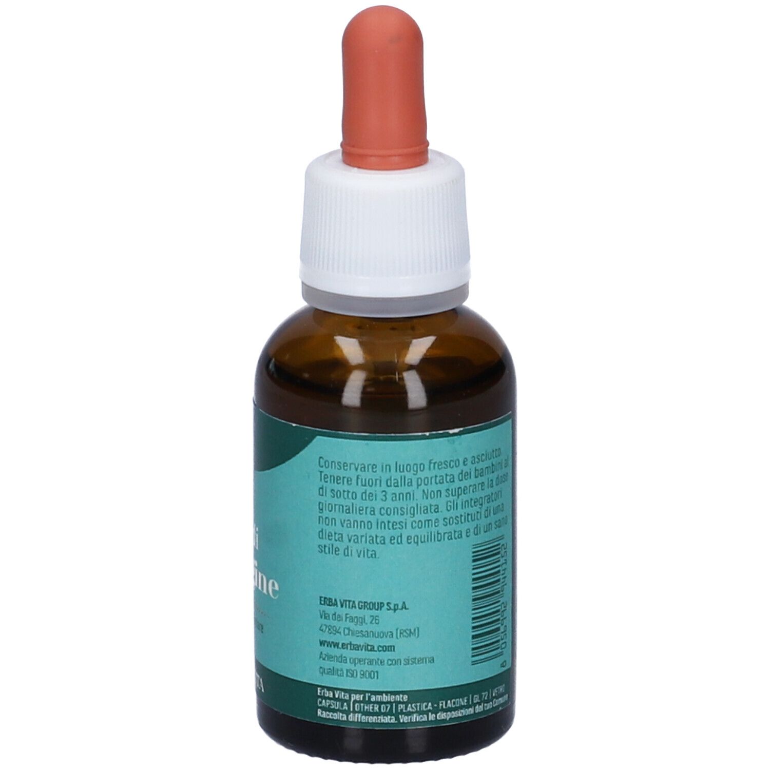 Flacone di vetro marrone con contagocce. Testo: Olio di Borragine, Erba Vita. Consigli di conservazione.