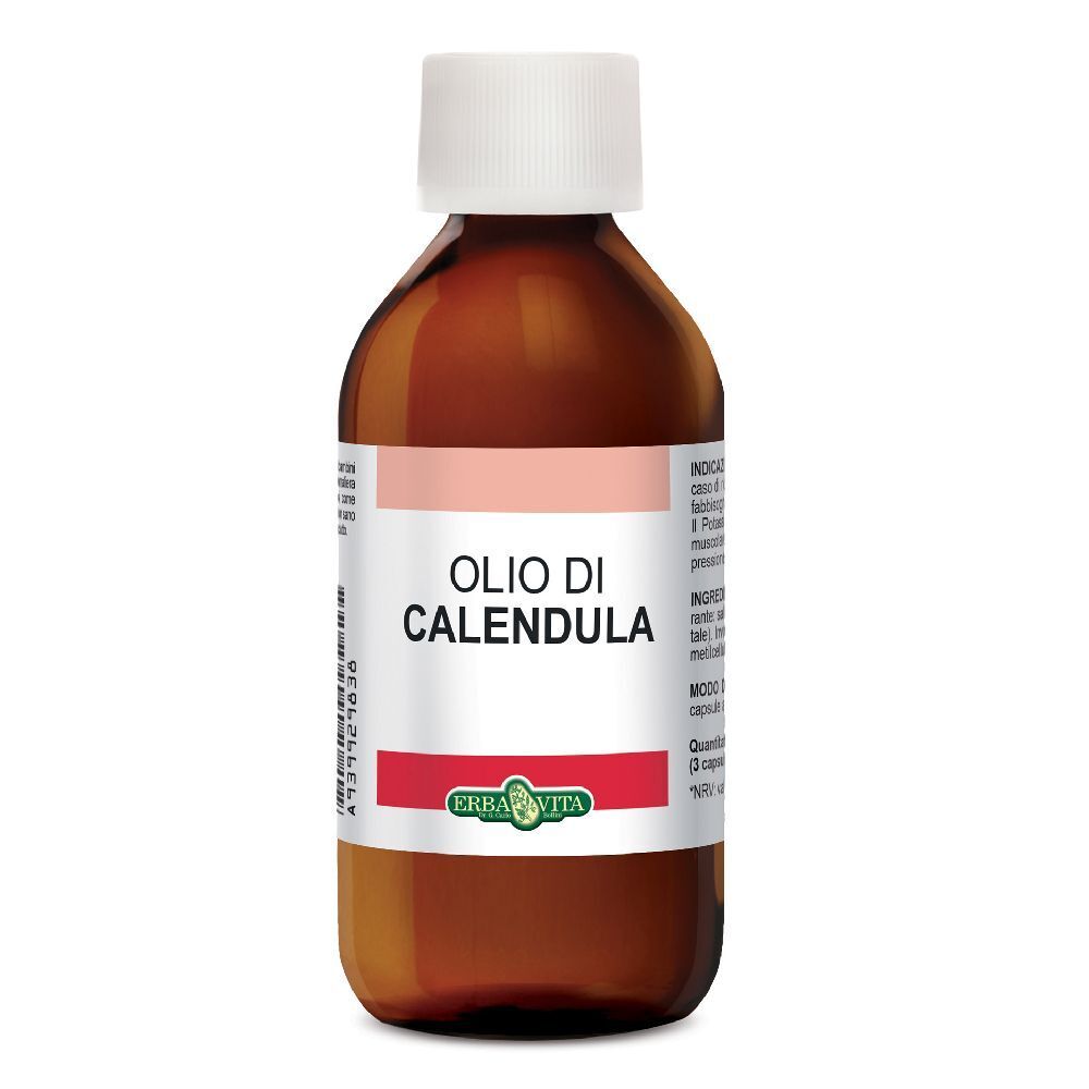 Flacone di vetro marrone con tappo bianco. Scritta: Olio di Calendula. Marchio: Erba Vita.