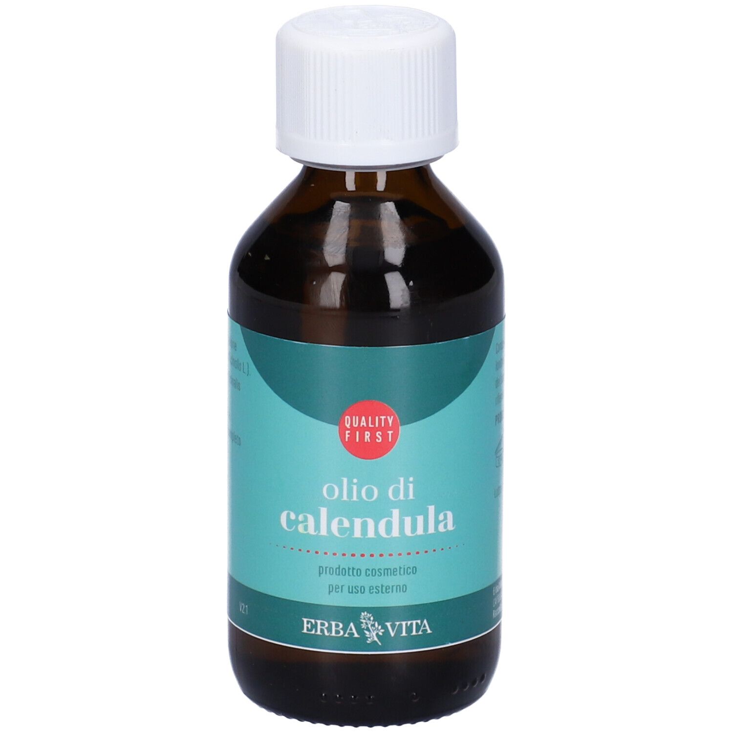 Flacone di vetro marrone con tappo bianco. Scritta: Olio di Calendula. Logo: Quality First. Marchio: Erba Vita.