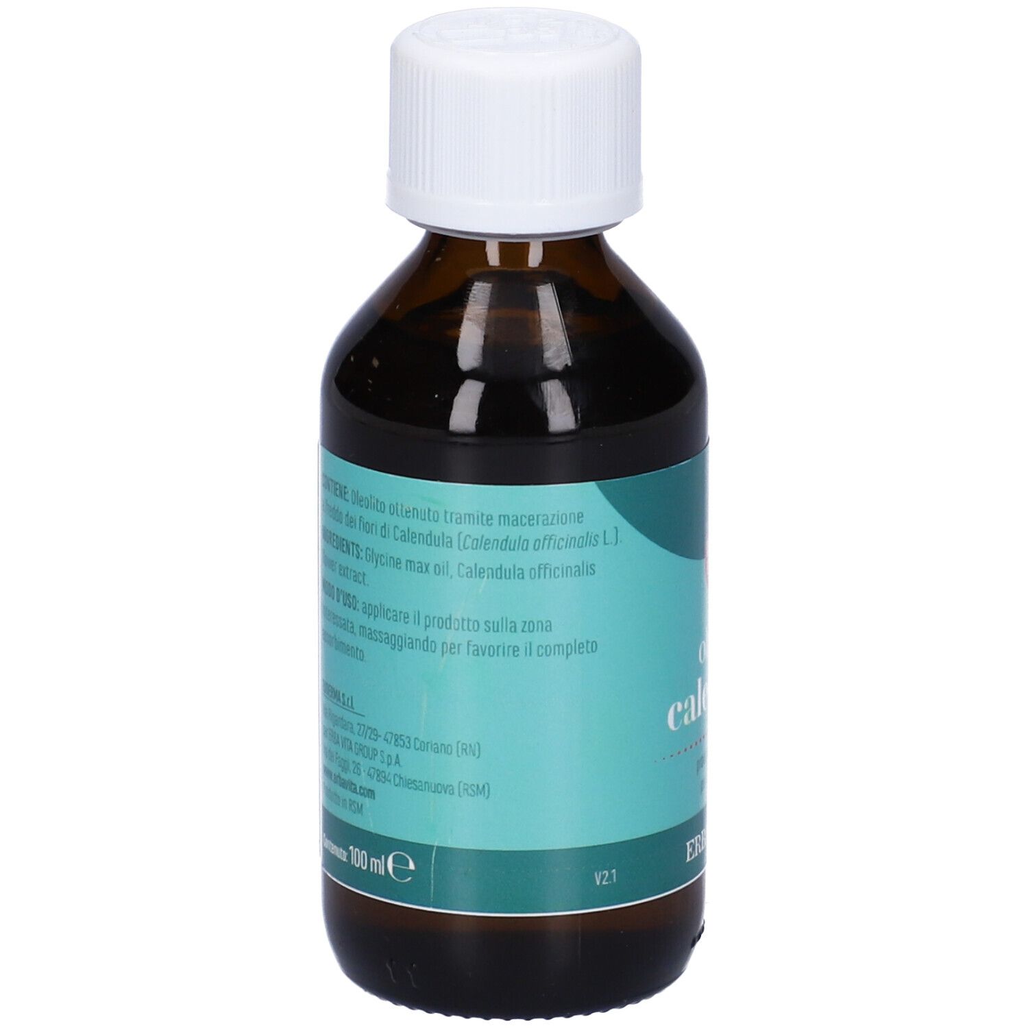 Flacone di vetro marrone con tappo bianco. Scritta: Olio di Calendula. Testo e logo. 100 ml.