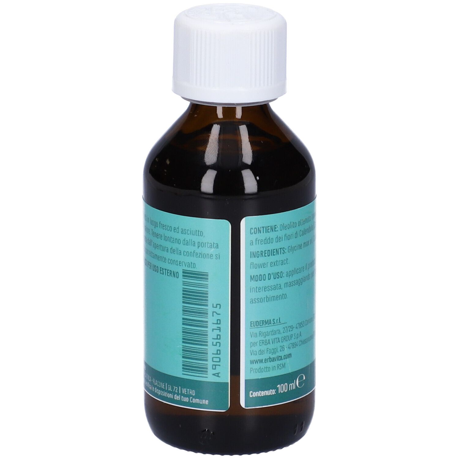 Flacone di vetro marrone con tappo bianco. Retro con testo. 100 ml.