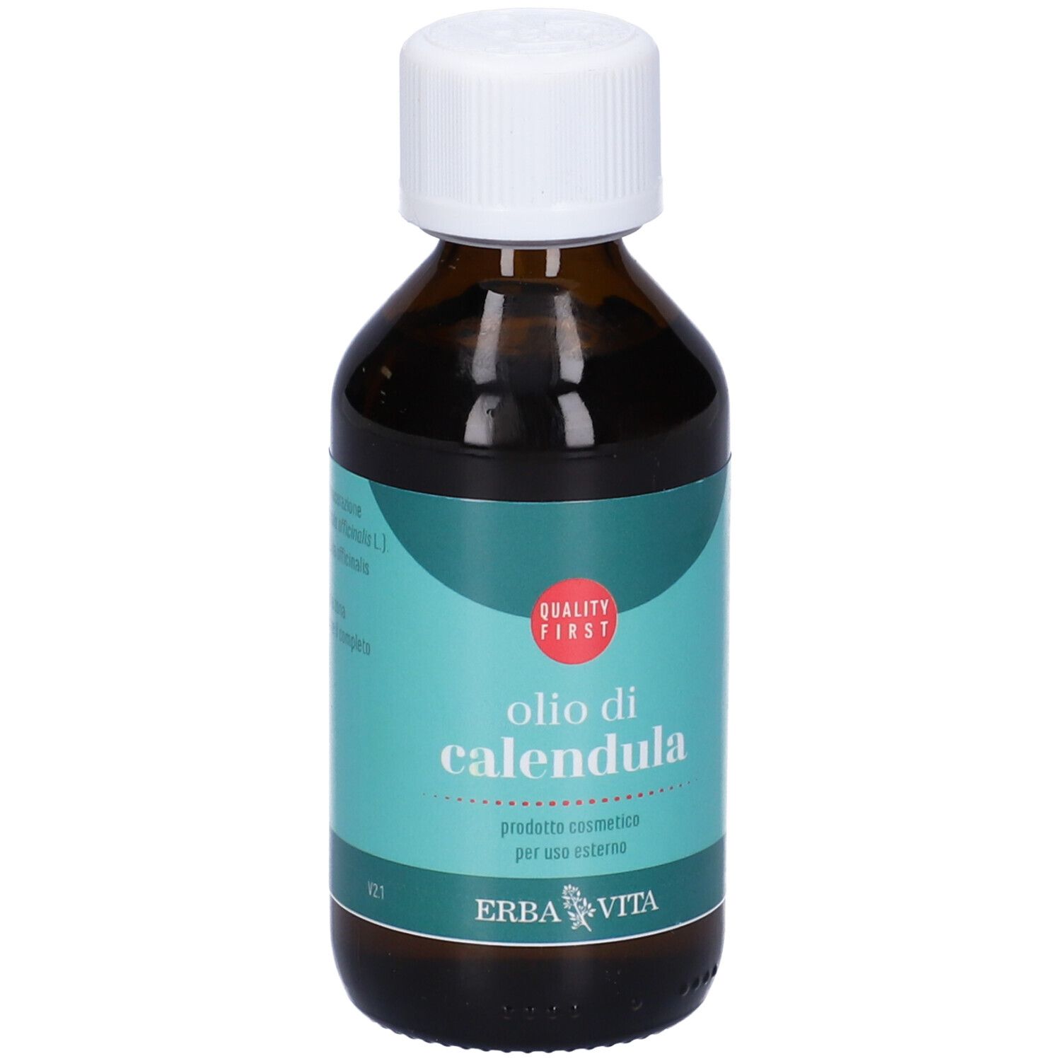 Flacone di vetro marrone con tappo bianco. Scritta: Olio di Calendula. Logo: Quality First. Marchio: Erba Vita.