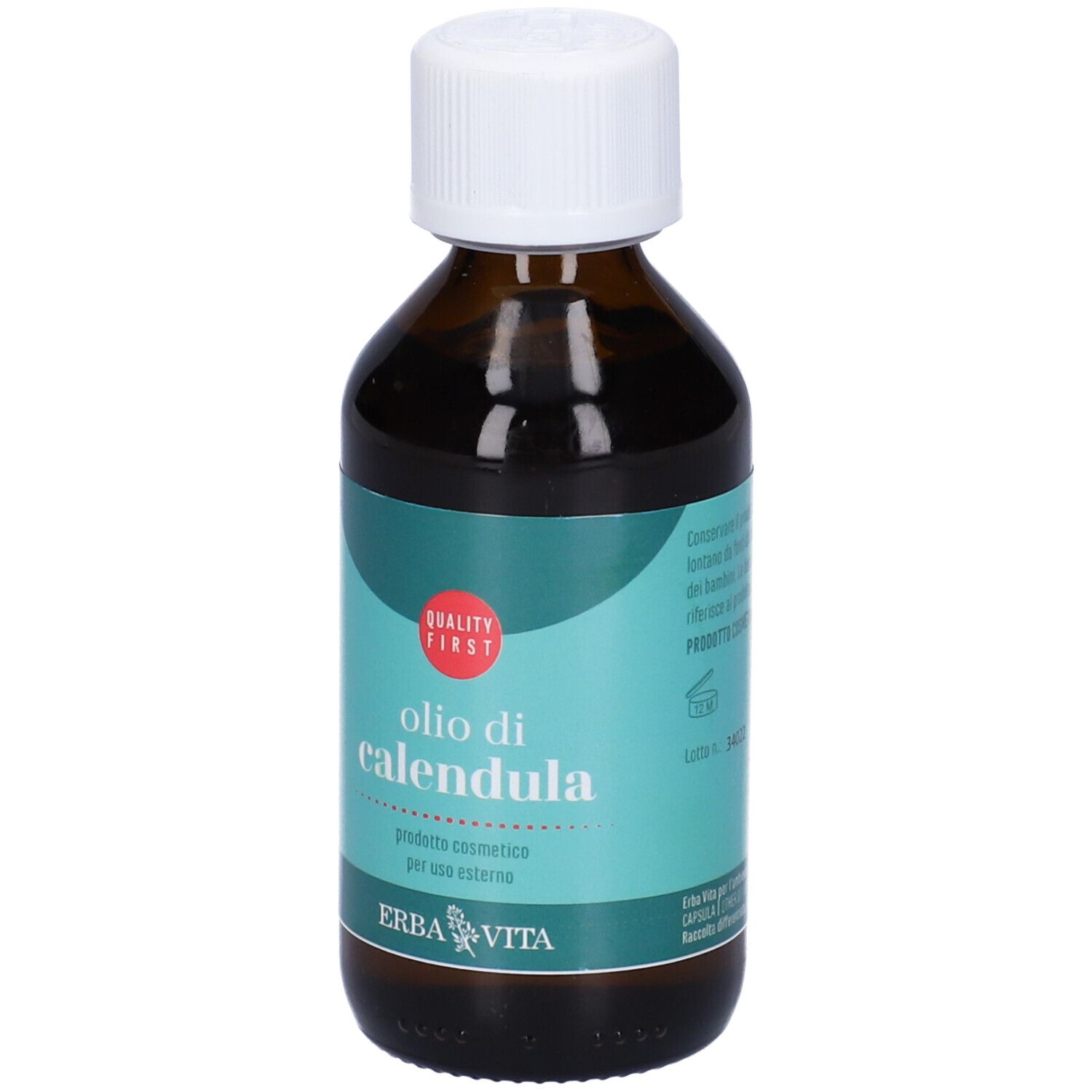 Flacone di vetro marrone con tappo bianco. Scritta: Olio di Calendula. Logo: Quality First. Marchio: Erba Vita.
