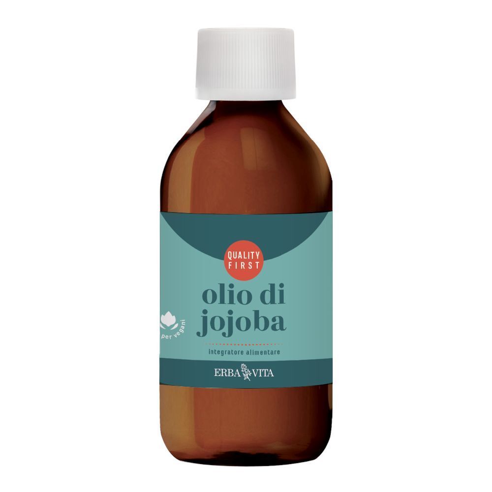 Flacone di vetro marrone con tappo bianco. Scritta: Olio di Jojoba, Erba Vita. Etichetta turchese.