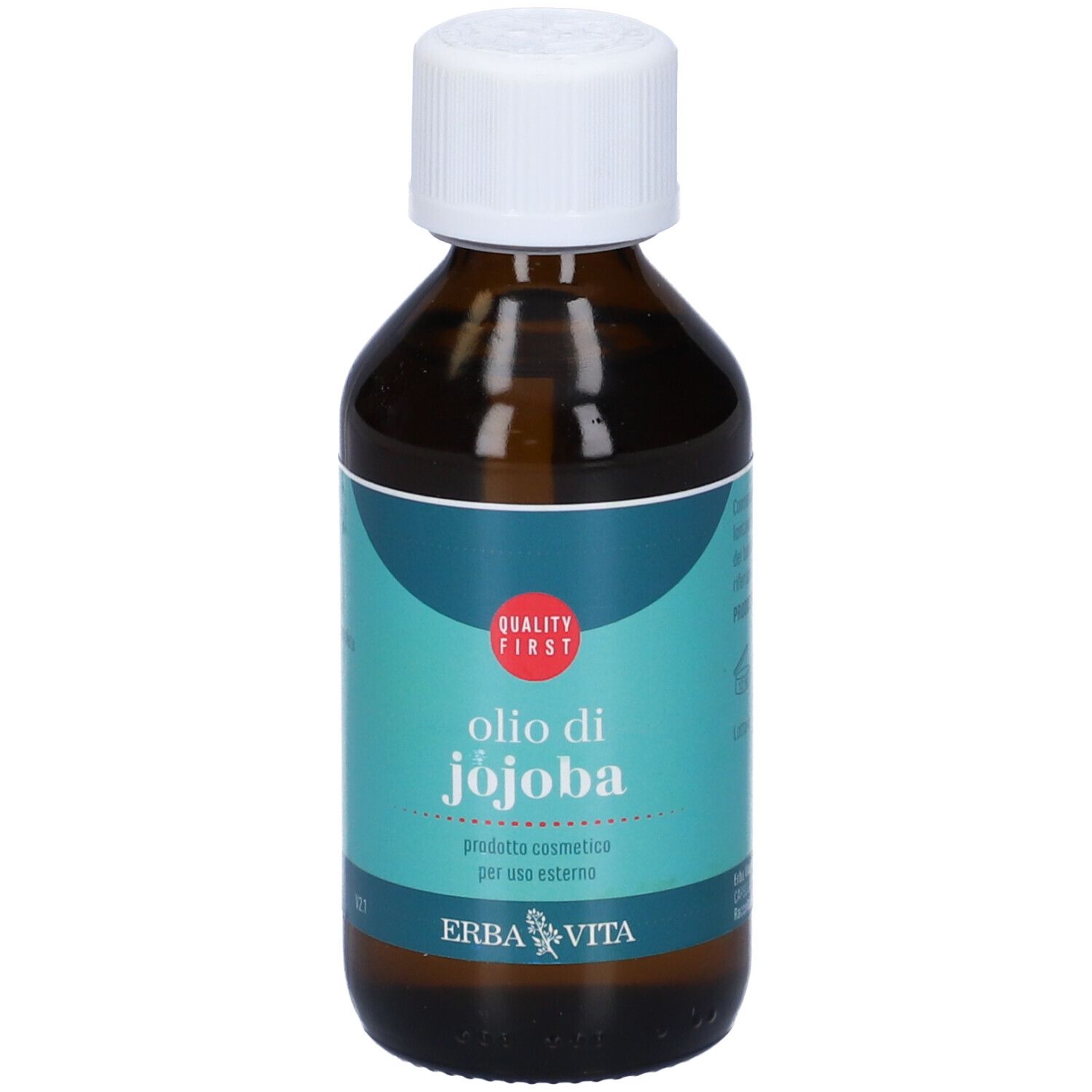 Flacone di vetro marrone con tappo bianco. Scritta: Olio di Jojoba, Erba Vita. Etichetta turchese.