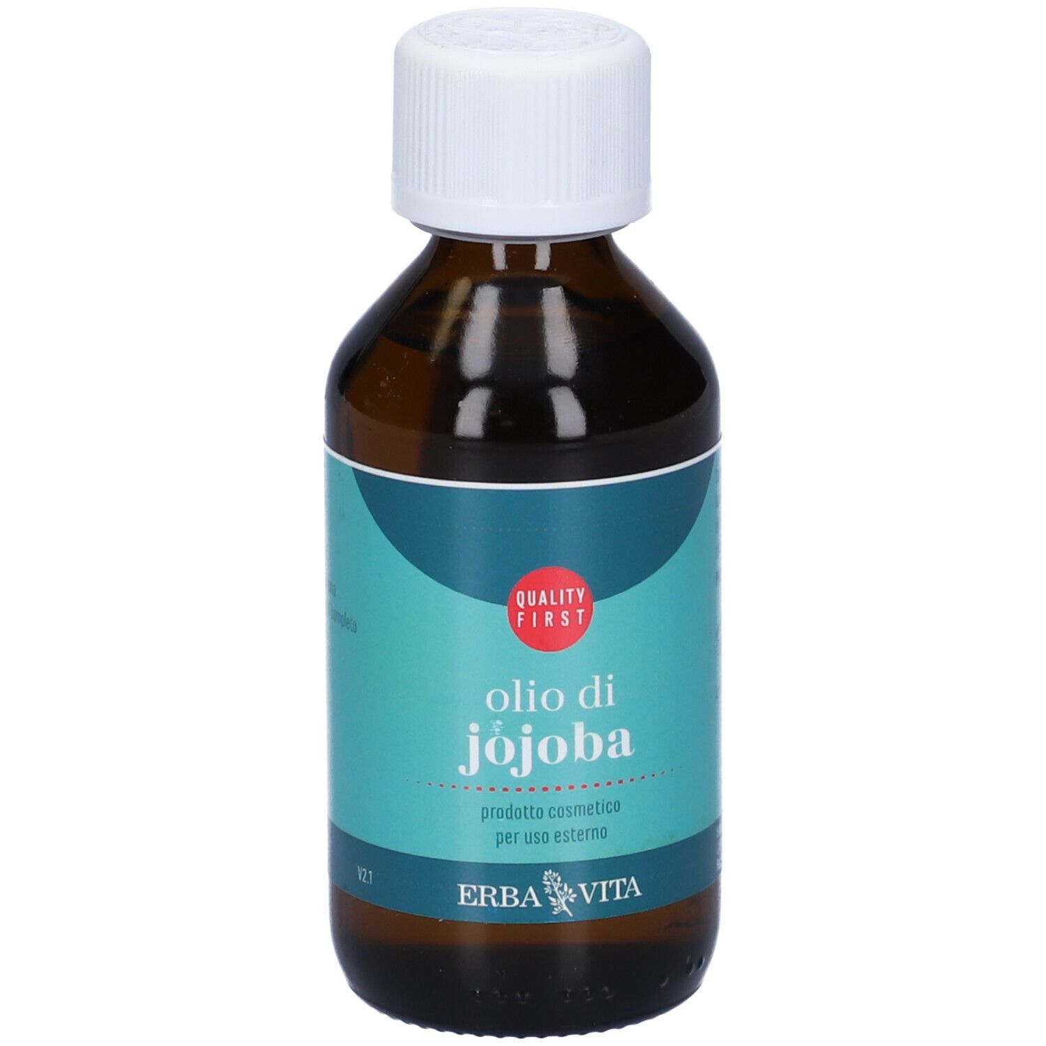 Flacone di vetro marrone con tappo bianco. Scritta: Olio di Jojoba, Erba Vita. Etichetta turchese.
