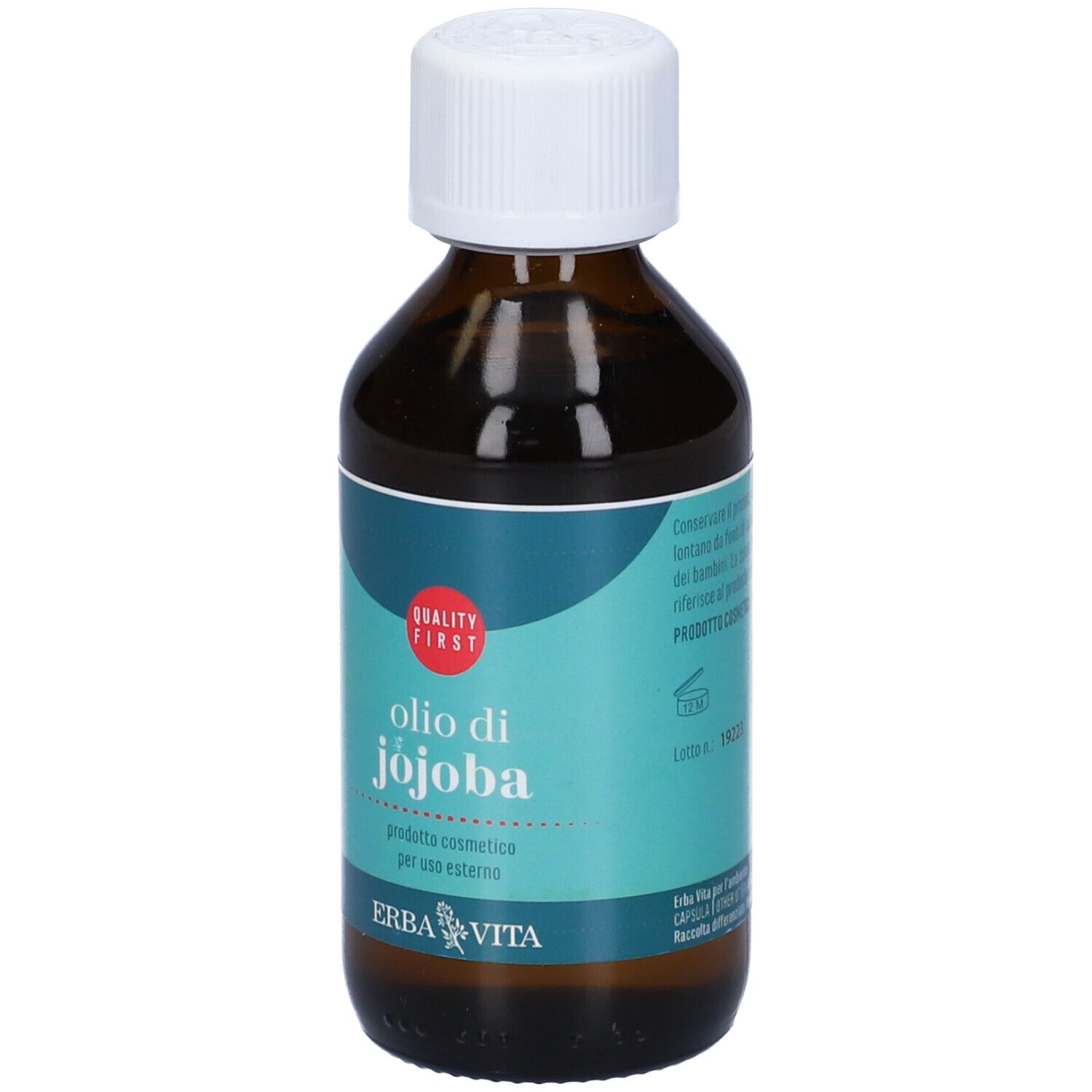 Flacone di vetro marrone con tappo bianco. Scritta: Olio di Jojoba, Erba Vita. Etichetta turchese.