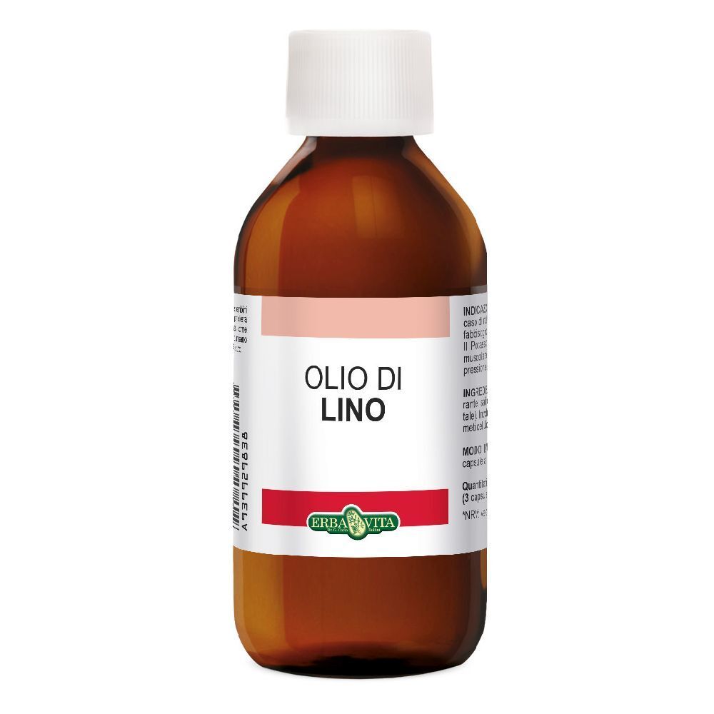 Flacone di vetro marrone con tappo bianco. Etichetta "Olio di Lino" e logo.