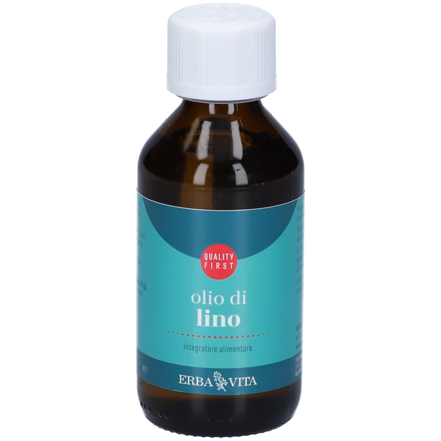 Flacone marrone con tappo bianco. Etichetta "Olio di Lino" e "Quality First".