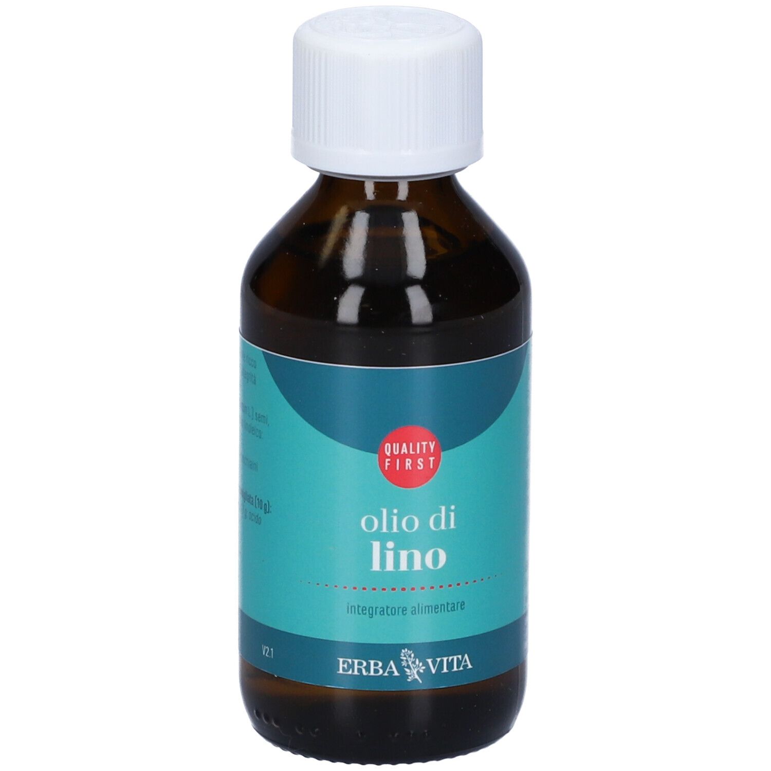 Flacone marrone con tappo bianco. Etichetta "Olio di Lino" e "Quality First".