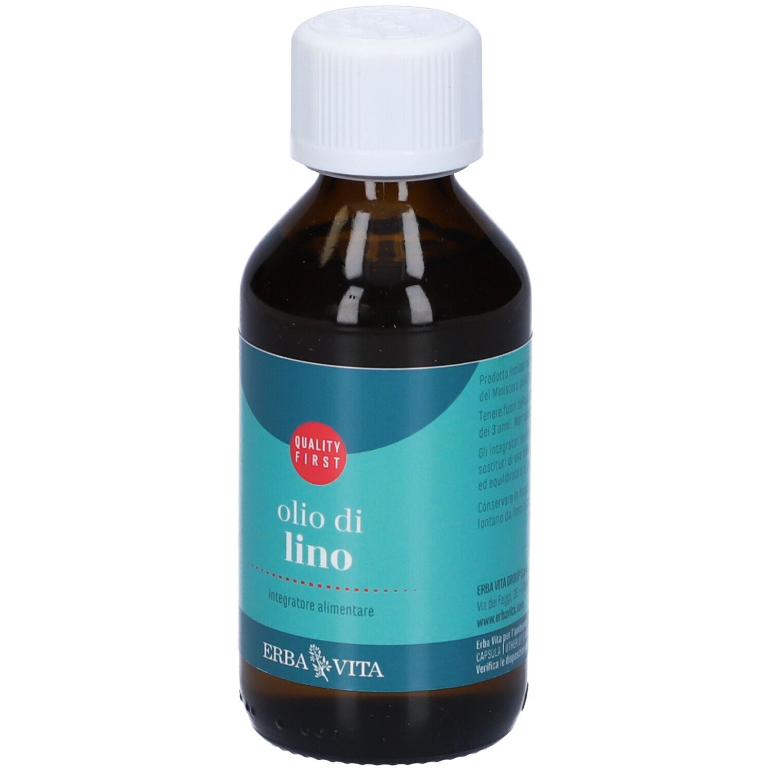 Flacone marrone con tappo bianco. Etichetta "Olio di Lino" e "Quality First".