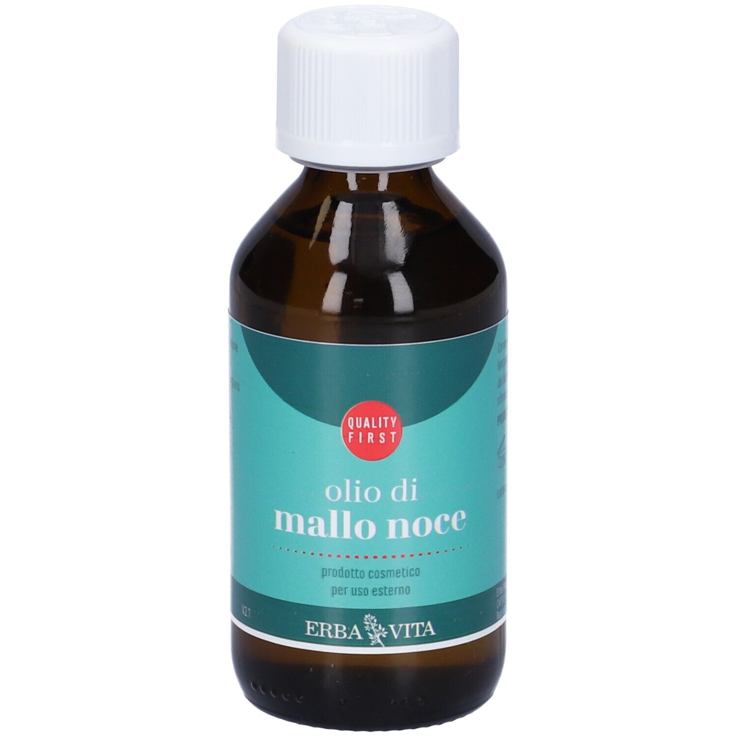 Flacone di vetro marrone con tappo bianco. Scritta: Olio di Mallo Noce. Marchio di qualità.