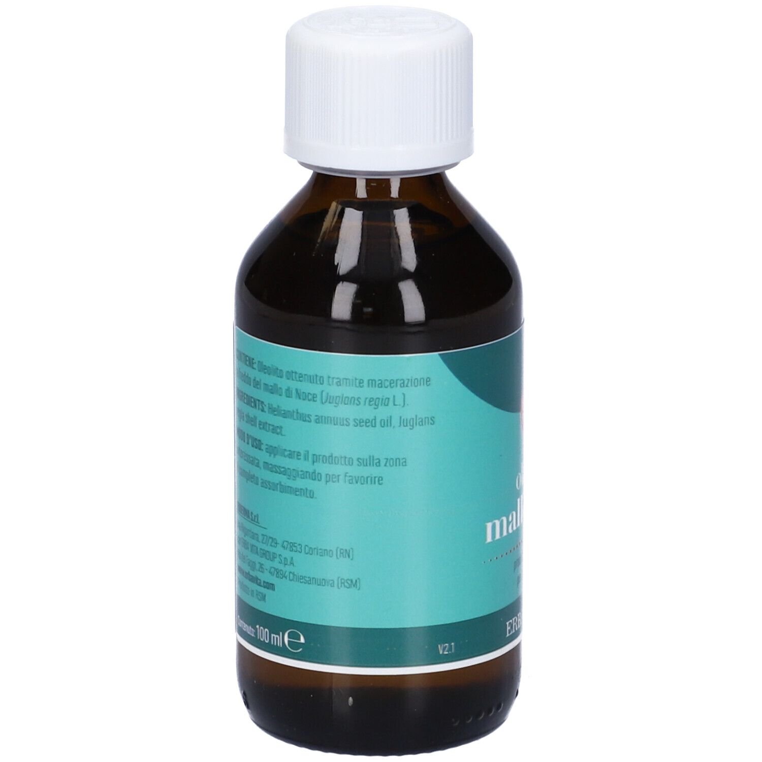 Flacone di vetro marrone con tappo bianco. Testo sul retro. Scritta: 100 ml.