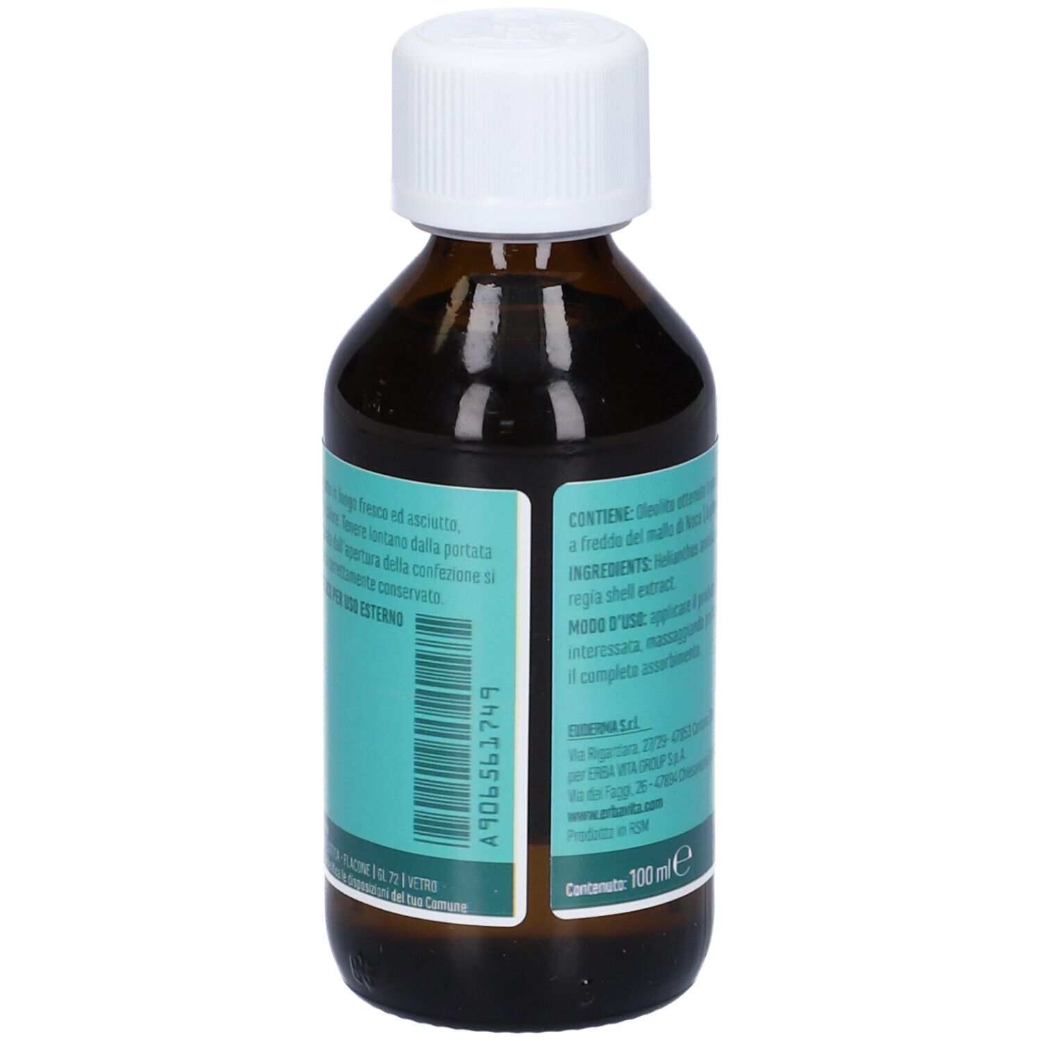 Flacone di vetro marrone con tappo bianco. Testo sul retro. Scritta: 100 ml.