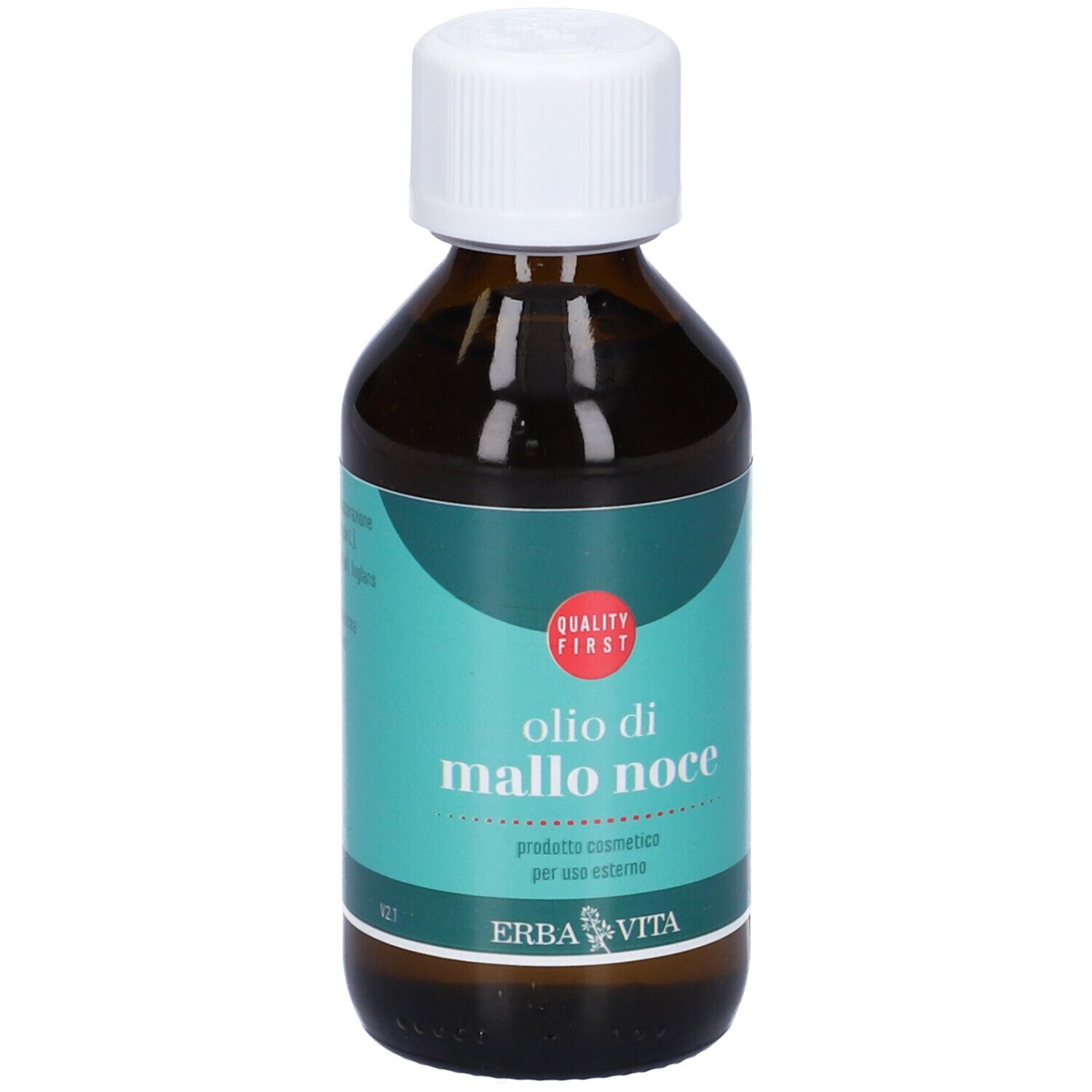 Flacone di vetro marrone con tappo bianco. Scritta: Olio di Mallo Noce. Marchio di qualità.