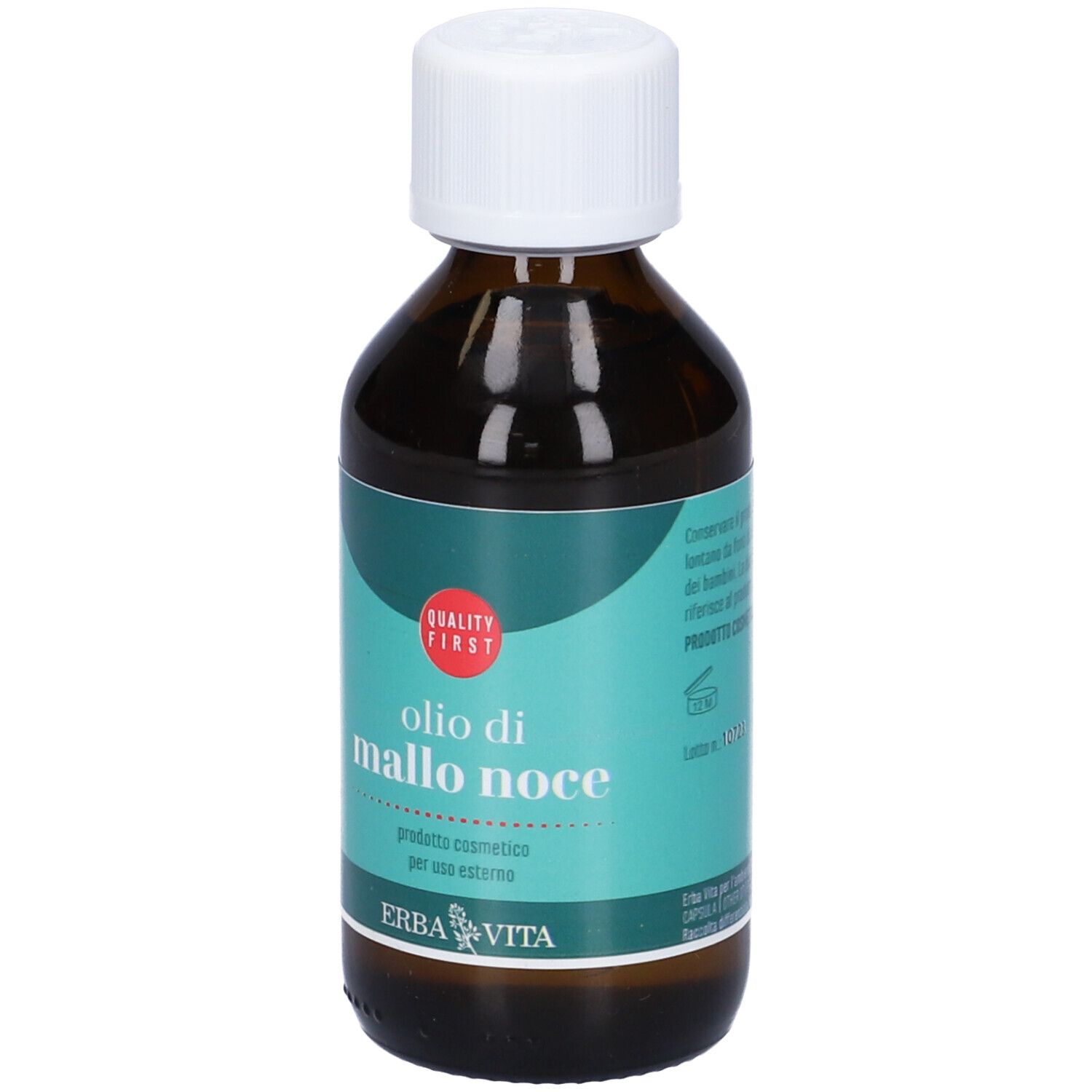 Flacone di vetro marrone con tappo bianco. Scritta: Olio di Mallo Noce. Marchio di qualità.