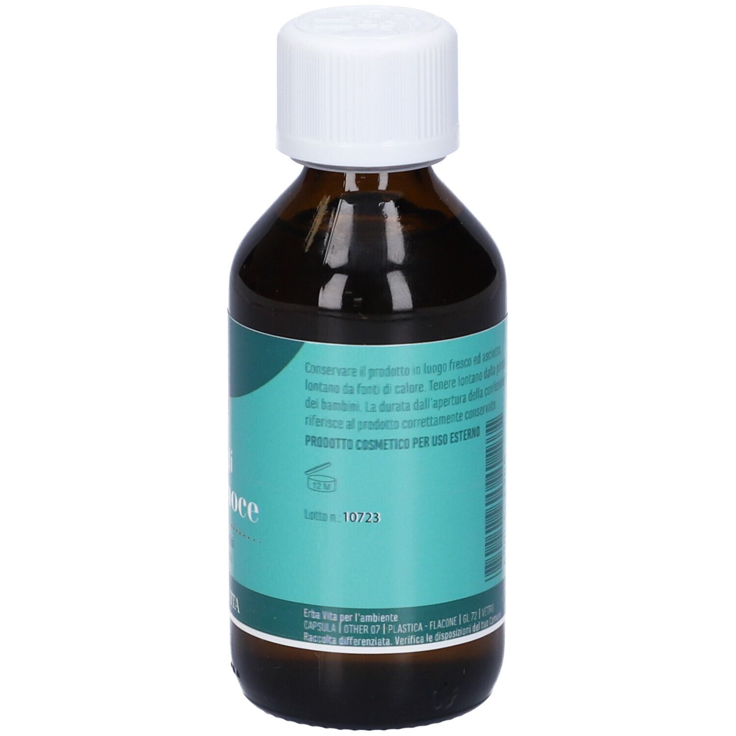 Flacone di vetro marrone con tappo bianco. Testo sul retro. Scritta: PRODOTTO COSMETICO.
