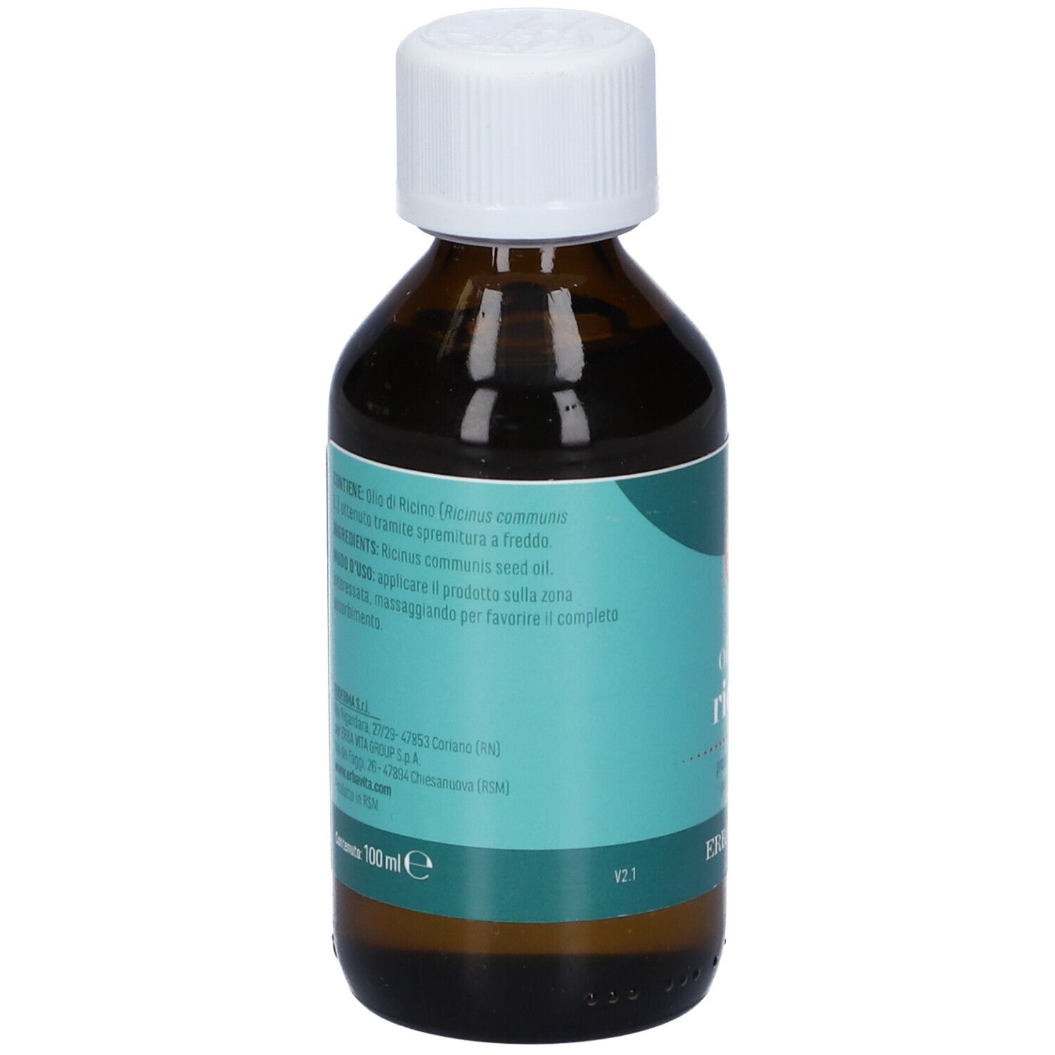 Retro di un flacone di vetro marrone con tappo bianco. Etichetta turchese con testo. 100 ml.