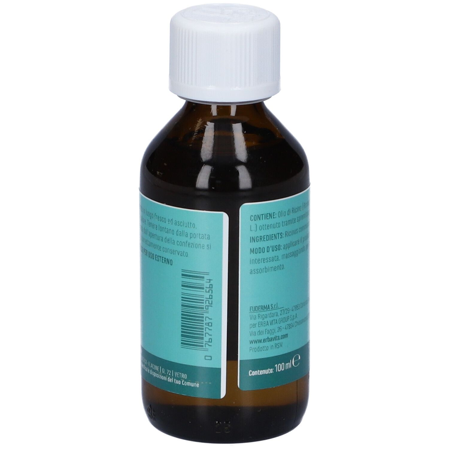 Retro di un flacone di vetro marrone con tappo bianco. Etichetta turchese con testo. 100 ml.