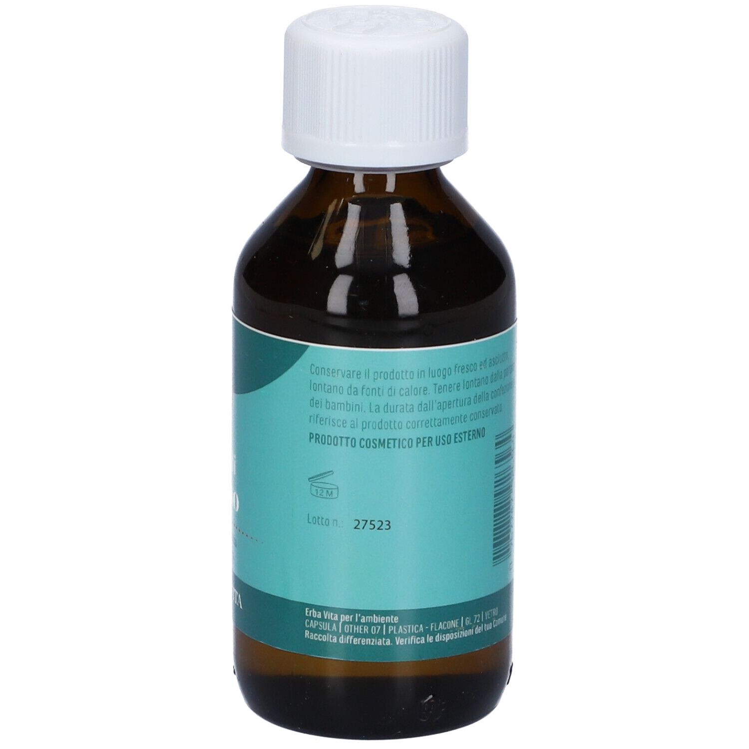 Retro di un flacone di vetro marrone con tappo bianco. Etichetta turchese con testo. 100 ml.