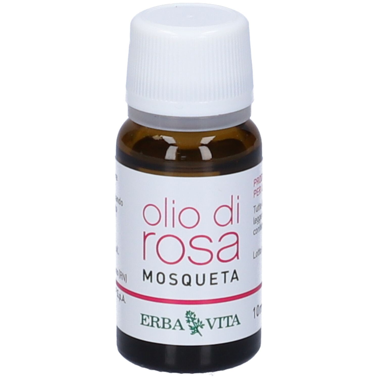 Flacone di vetro marrone con tappo bianco. Scritta: Olio di Rosa Mosqueta. Marchio: Erba Vita. 10ml.