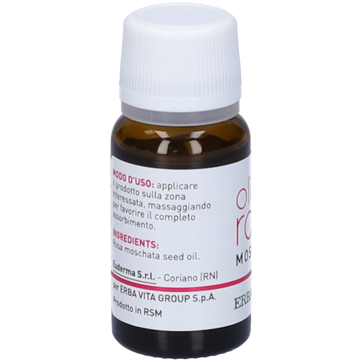 Flacone di vetro marrone con tappo bianco. Scritta: Olio di Rosa Mosqueta. Marchio: Erba Vita. Testo su uso e ingredienti.