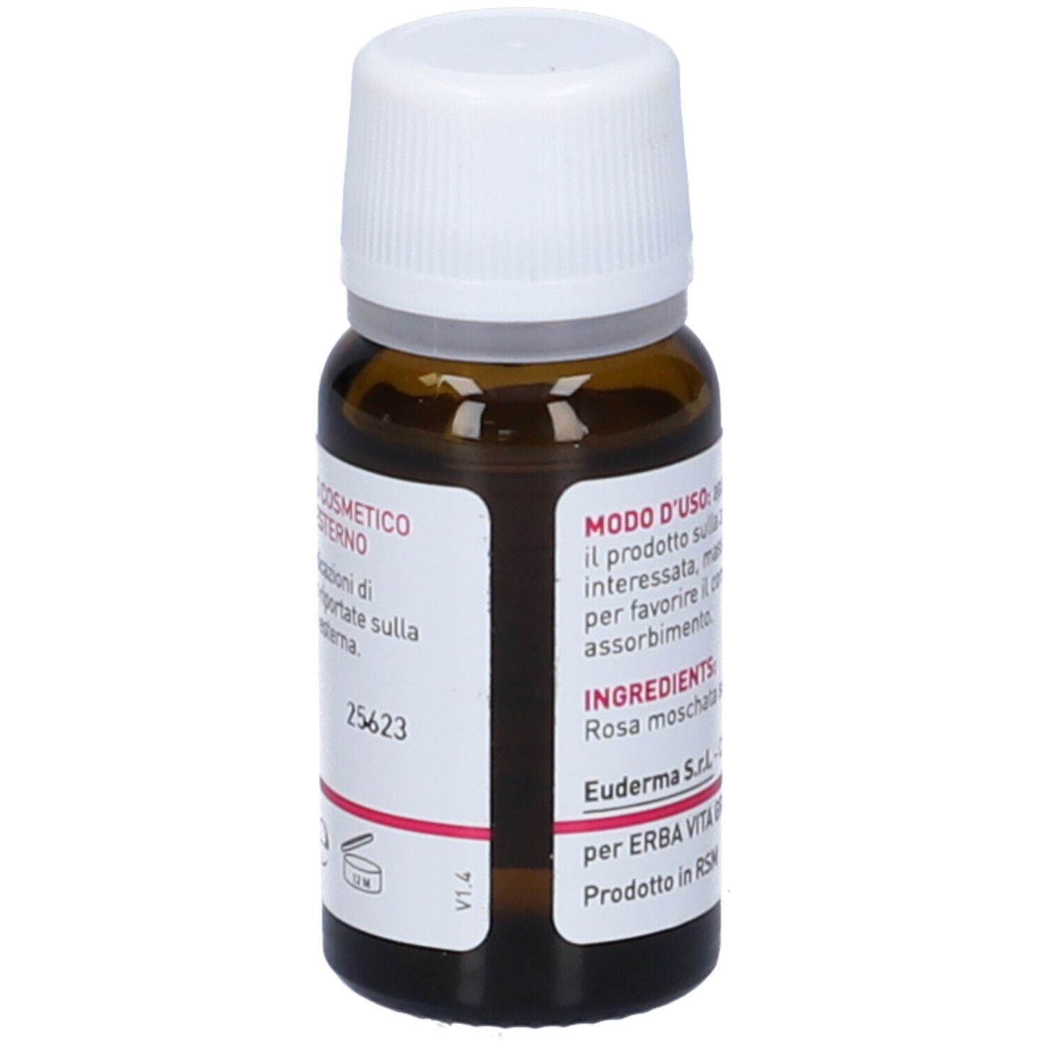 Flacone di vetro marrone con tappo bianco. Scritta: Olio di Rosa Mosqueta. Marchio: Erba Vita. Testo su uso e ingredienti.