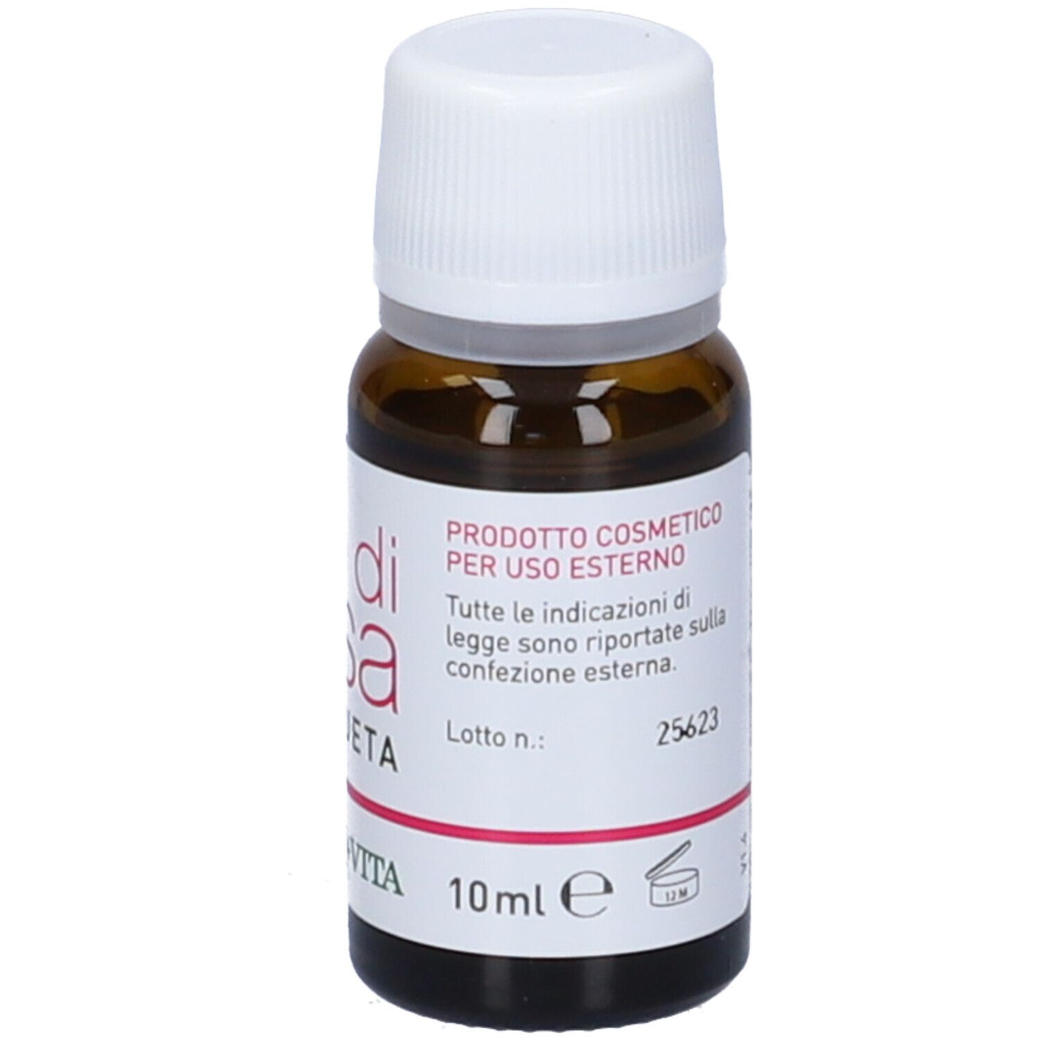 Flacone di vetro marrone con tappo bianco. Scritta: Olio di Rosa Mosqueta. Marchio: Erba Vita. Testo su uso e ingredienti.