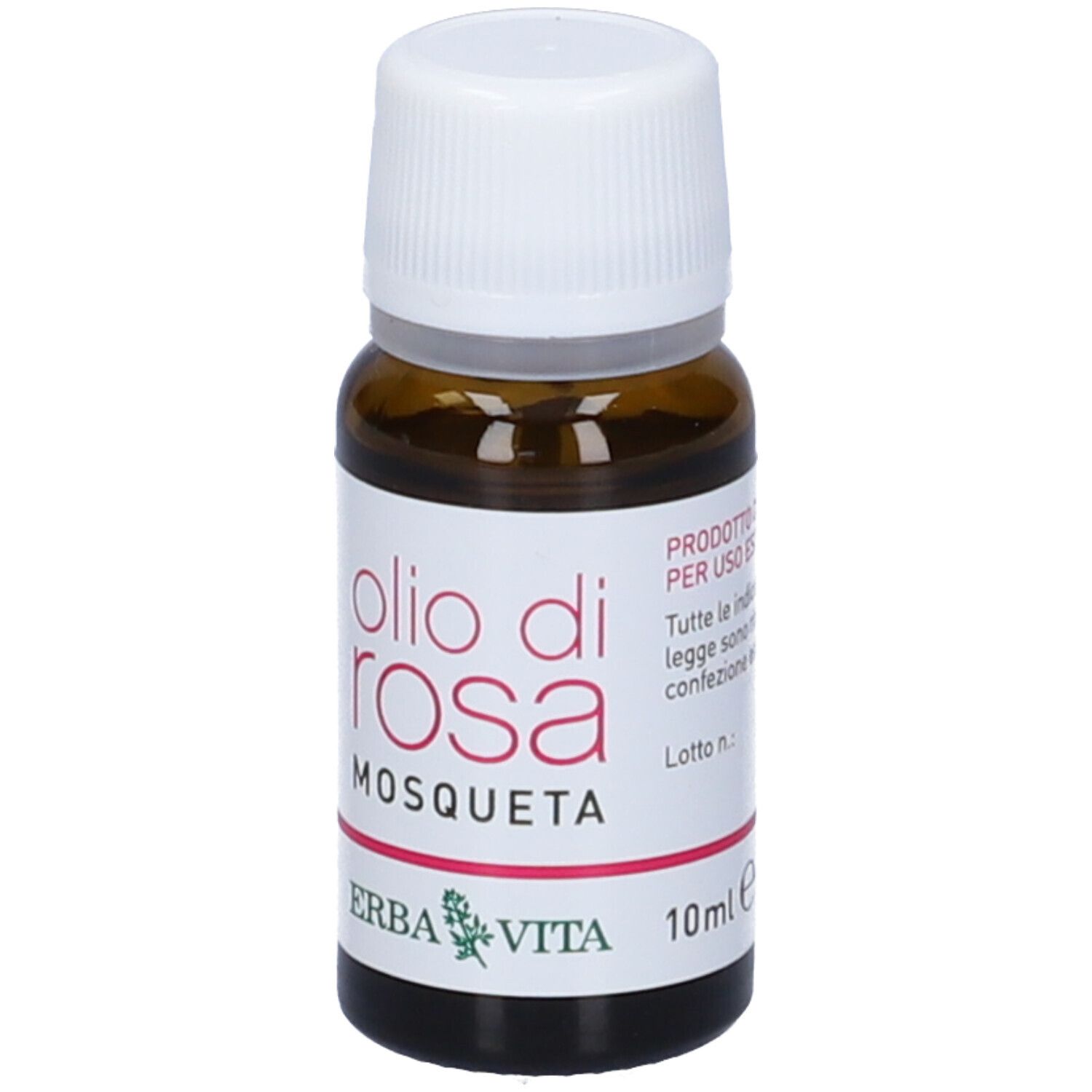 Flacone di vetro marrone con tappo bianco. Scritta: Olio di Rosa Mosqueta. Marchio: Erba Vita. 10ml. Prodotto per uso esterno.