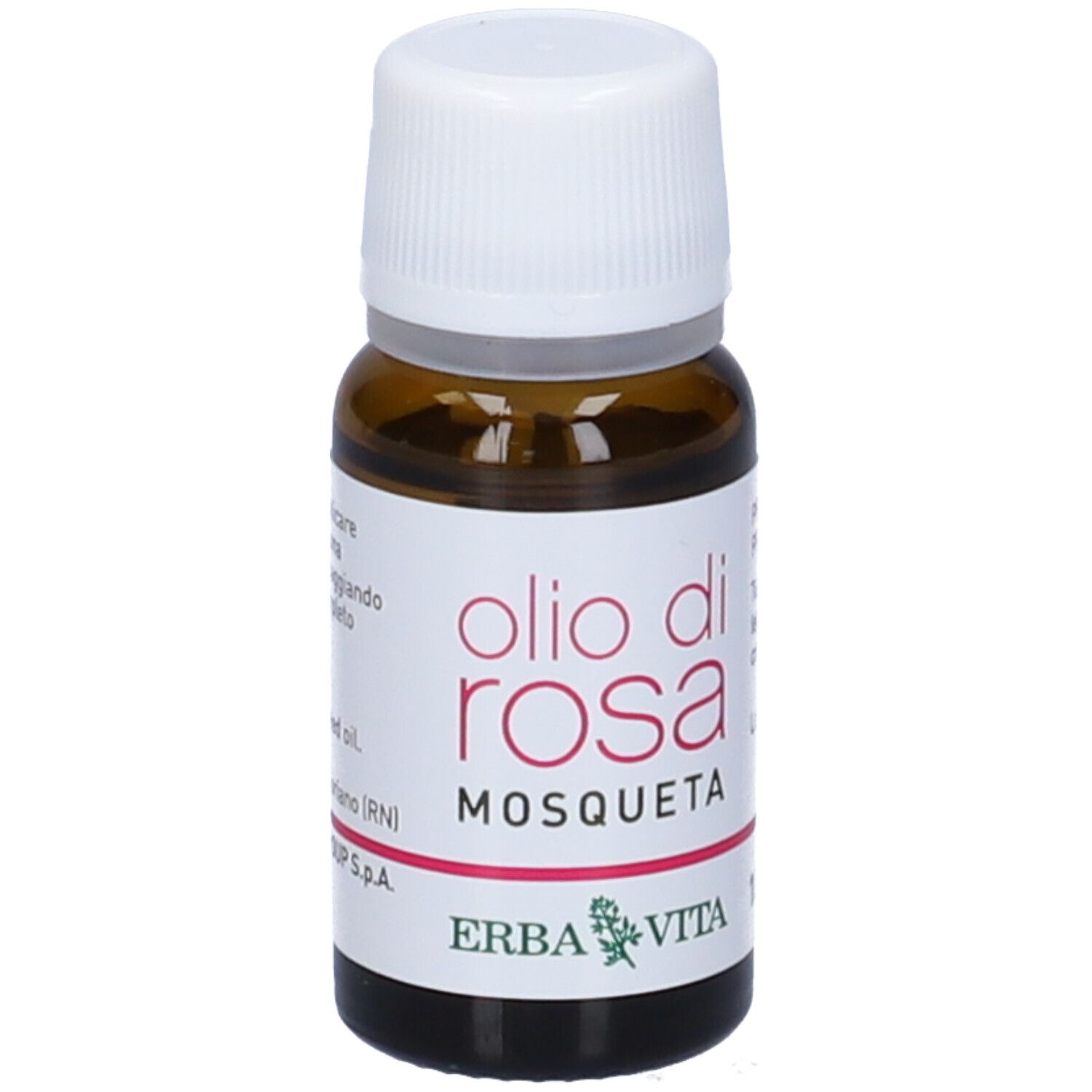 Flacone di vetro marrone con tappo bianco. Scritta: Olio di Rosa Mosqueta. Marchio: Erba Vita. 10ml. Prodotto per uso esterno.