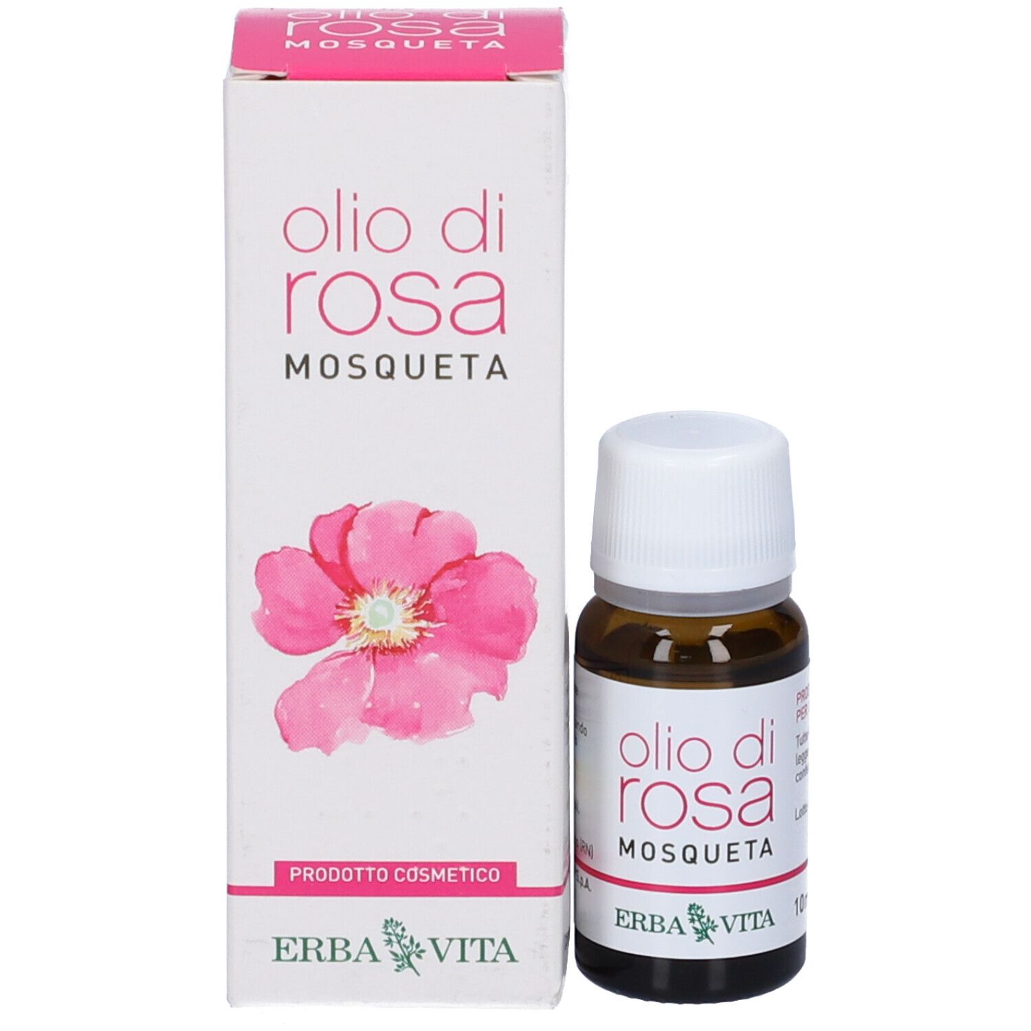 Flacone di vetro marrone con tappo bianco e scatola. Scritta: Olio di Rosa Mosqueta. Marchio: Erba Vita. 10ml. Fiore rosa.