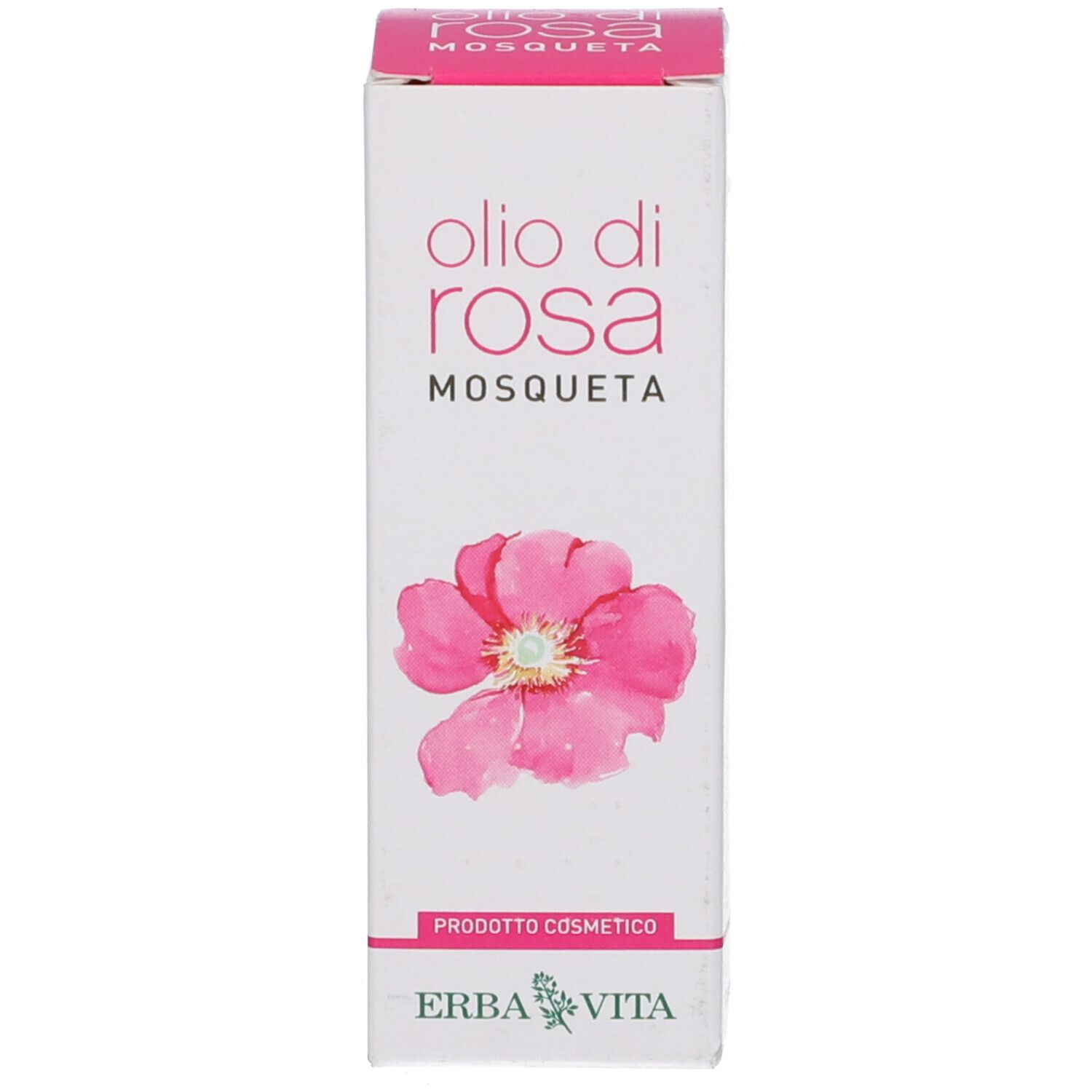 Scatola con scritta: Olio di Rosa Mosqueta. Marchio: Erba Vita. Fiore rosa. Prodotto per uso esterno.