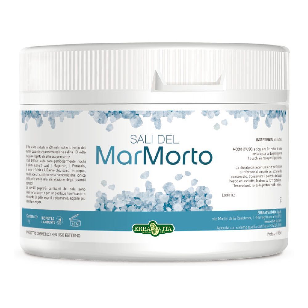 Contenitore bianco con coperchio. Scritta: Sali del Mar Morto. Marchio: Erba Vita. Descrizione del prodotto e ingredienti.