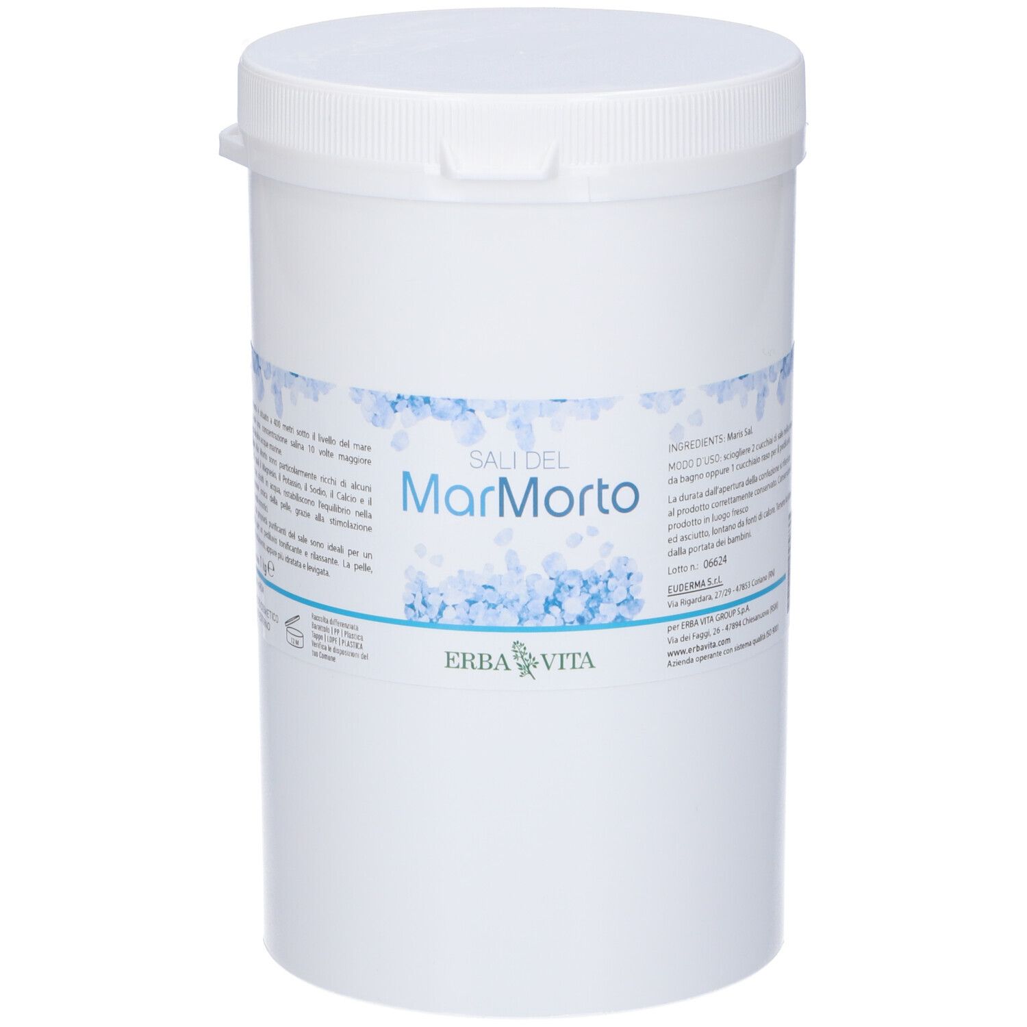 Contenitore cilindrico bianco con coperchio. Scritta: Sali del Mar Morto. Marchio: Erba Vita. Etichetta del prodotto.