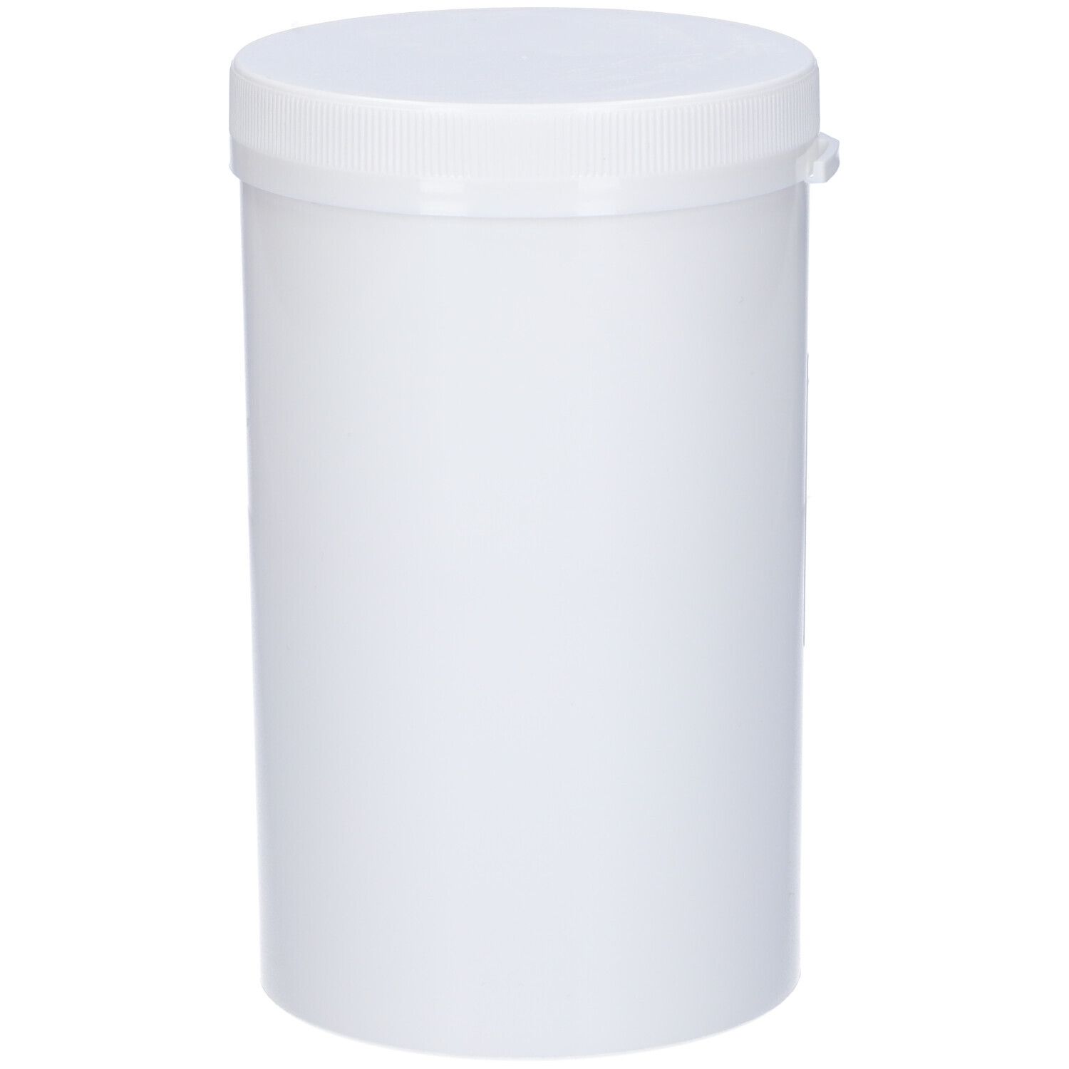 Contenitore cilindrico bianco con coperchio. Nessuna scritta visibile.