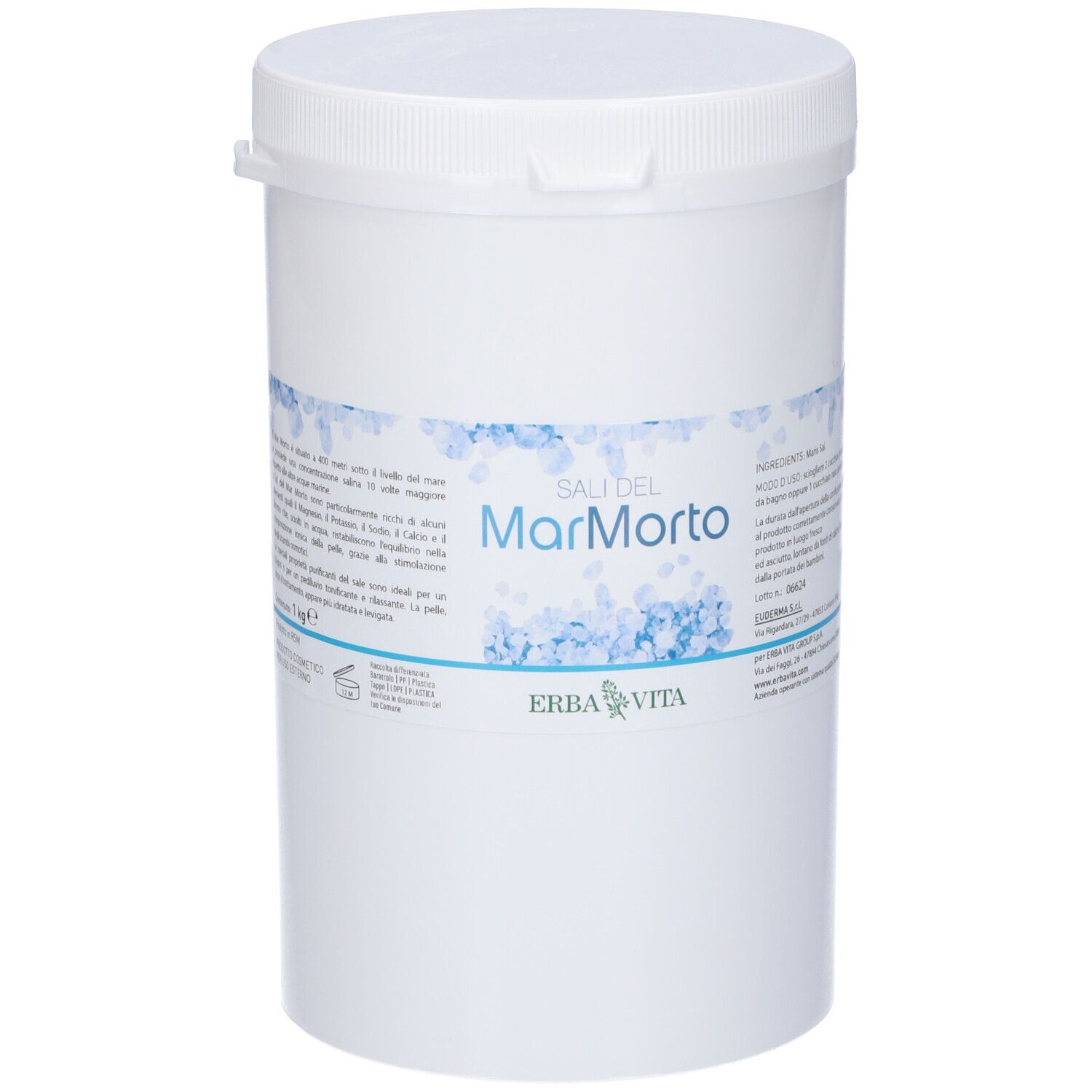 Contenitore cilindrico bianco con coperchio. Scritta: Sali del Mar Morto. Marchio: Erba Vita. Etichetta del prodotto.