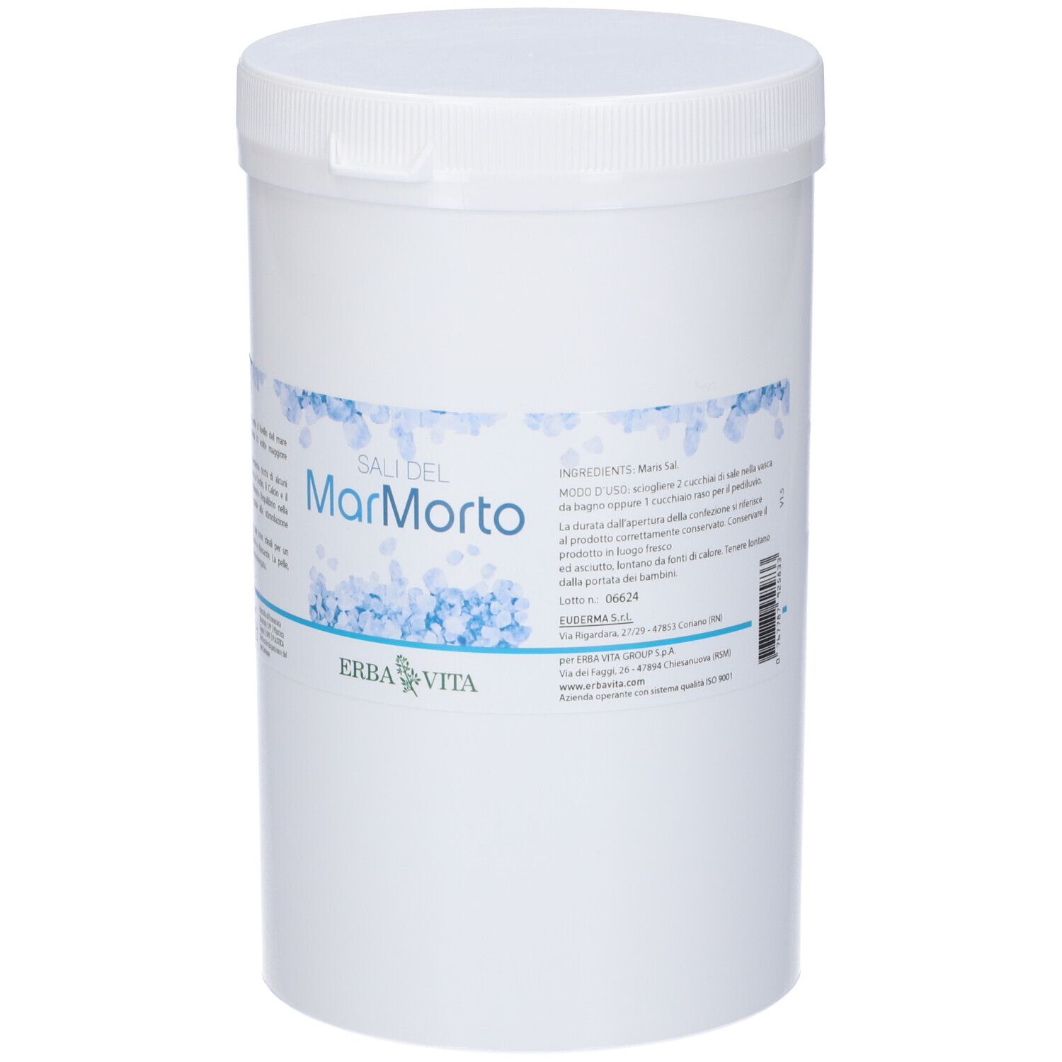 Contenitore cilindrico bianco con coperchio. Scritta: Sali del Mar Morto. Marchio: Erba Vita. Etichetta del prodotto.