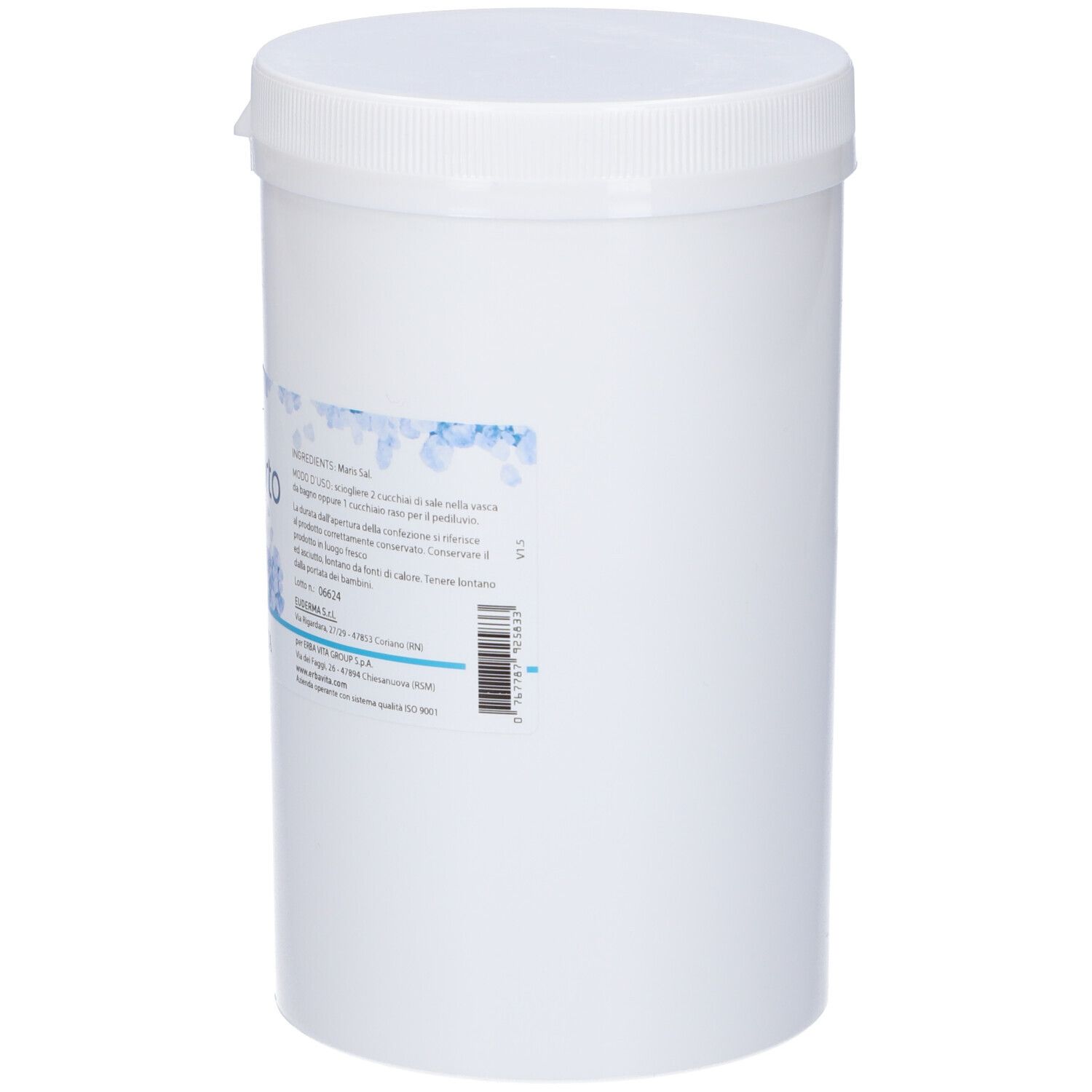 Contenitore cilindrico bianco con coperchio. Etichetta del prodotto con informazioni. Nessun marchio visibile.