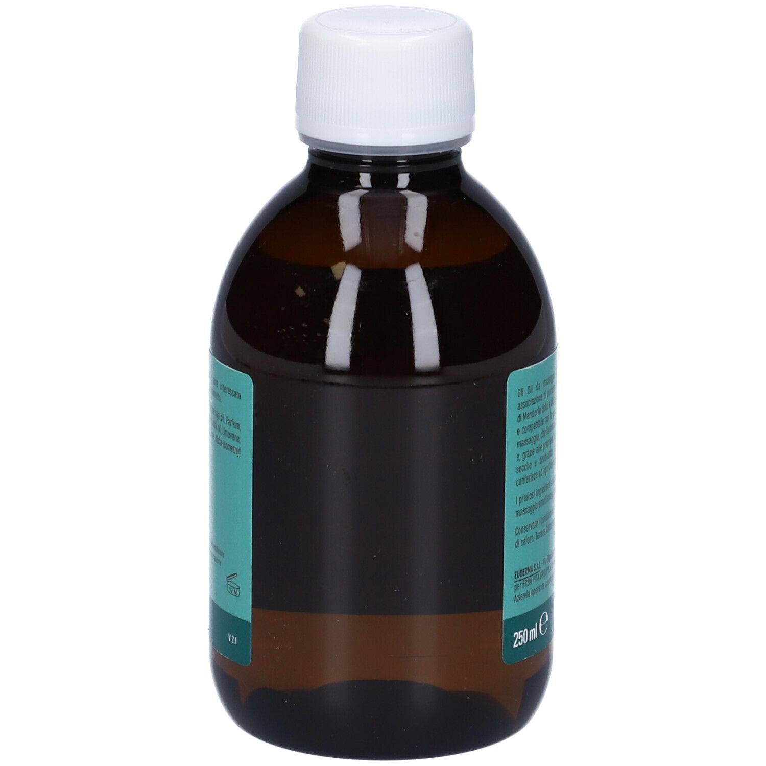 Braune Glasflasche mit weißem Schraubverschluss, 250 ml Inhalt.