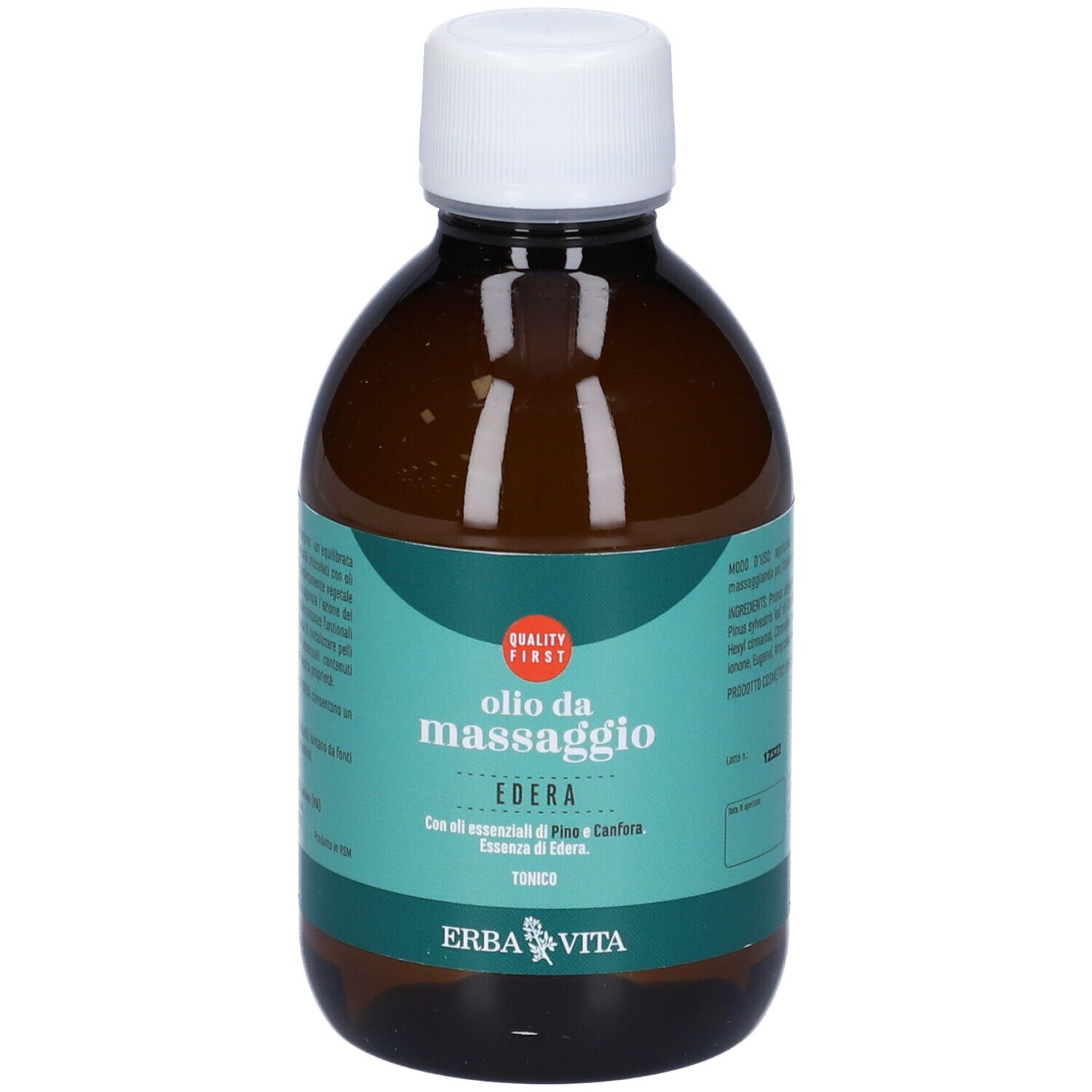 Braune Glasflasche mit weißem Verschluss, gefüllt mit Massageöl. Etikett mit "olio da massaggio EDERA" und "ERBA VITA".