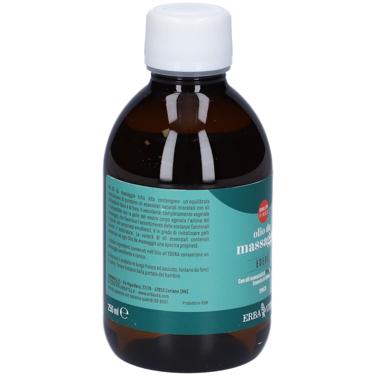Braune Glasflasche mit weißem Schraubverschluss, gefüllt mit Massageöl. Etikett mit italienischer Schrift und Produktinformationen.