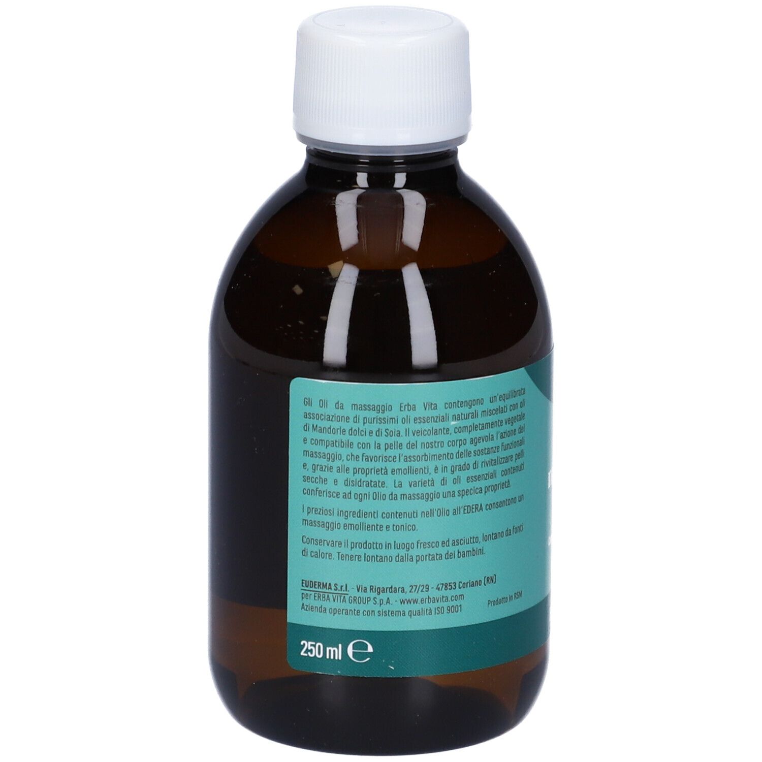 Braune Glasflasche mit weißem Schraubverschluss, gefüllt mit Massageöl. Enthält 250 ml.
