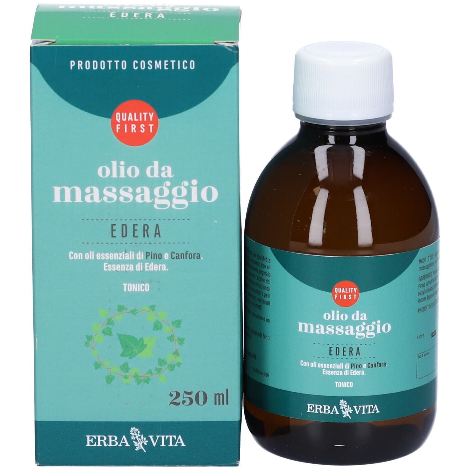 Massageölflasche und Kartonverpackung mit Efeu-Motiv. 250 ml.